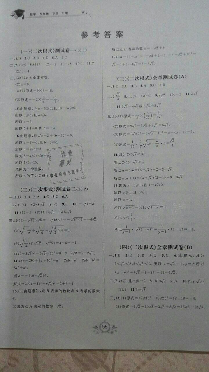 2021年新课程学习与测评单元双测八年级数学下册沪科版C版 参考答案第1页