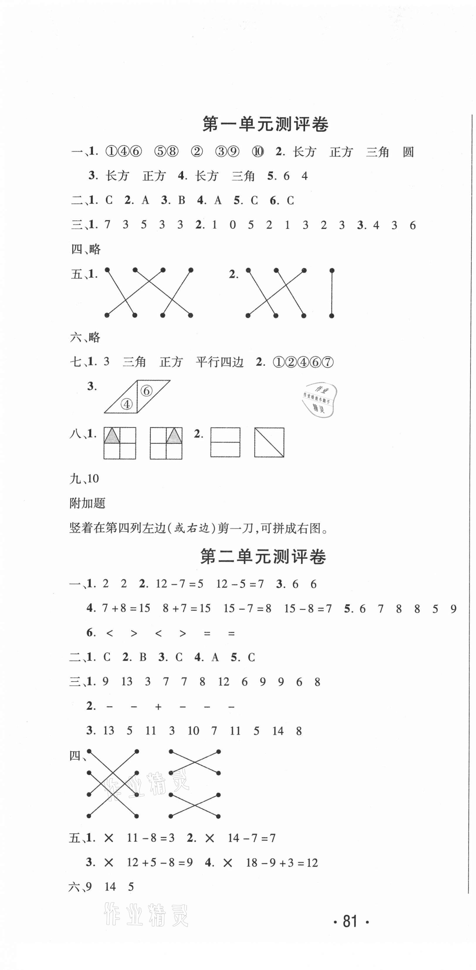 2021年创新考王完全试卷一年级数学下册人教版 参考答案第1页