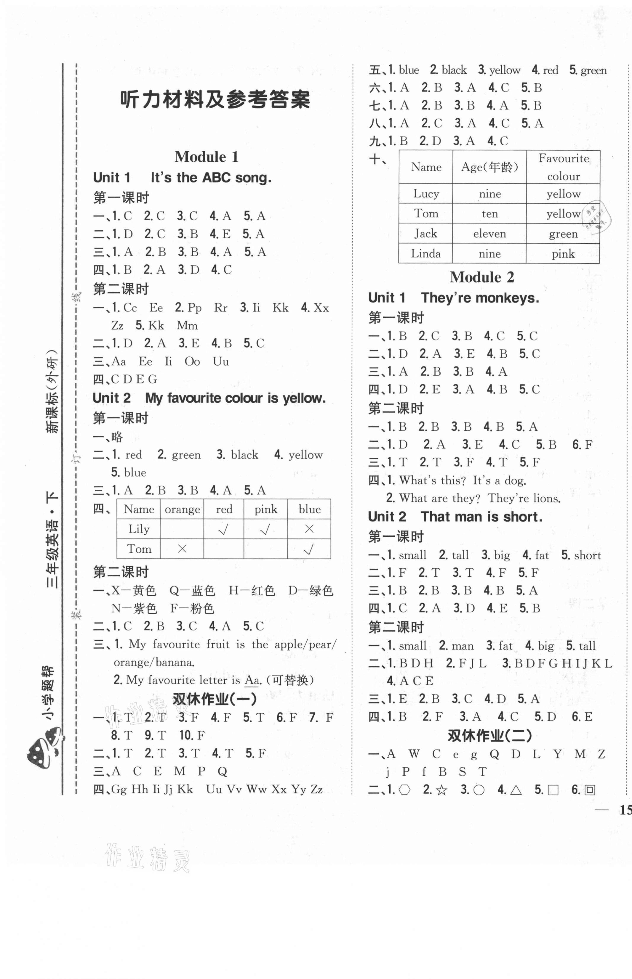 2021年小學題幫三年級英語下冊外研版 參考答案第1頁