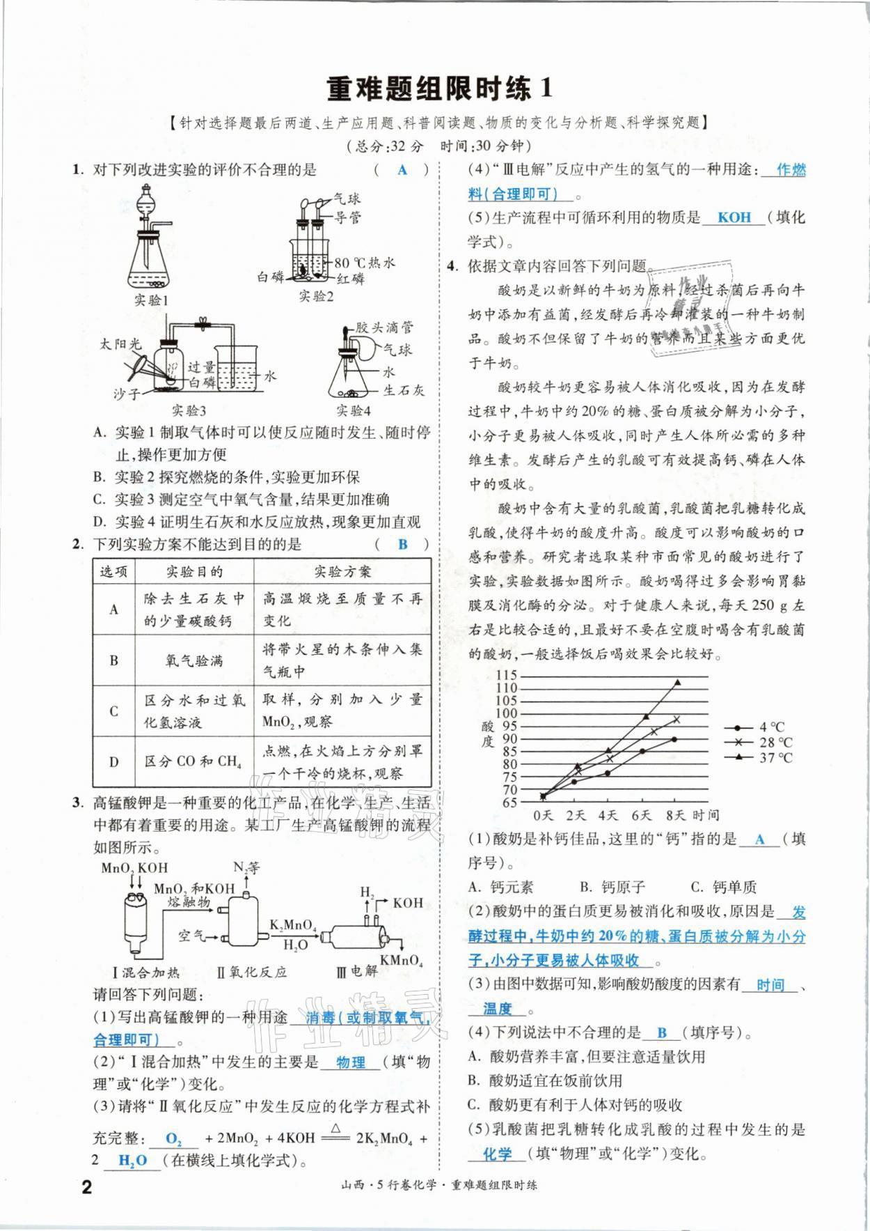 2021年一戰成名5行卷化學山西專版 參考答案第1頁