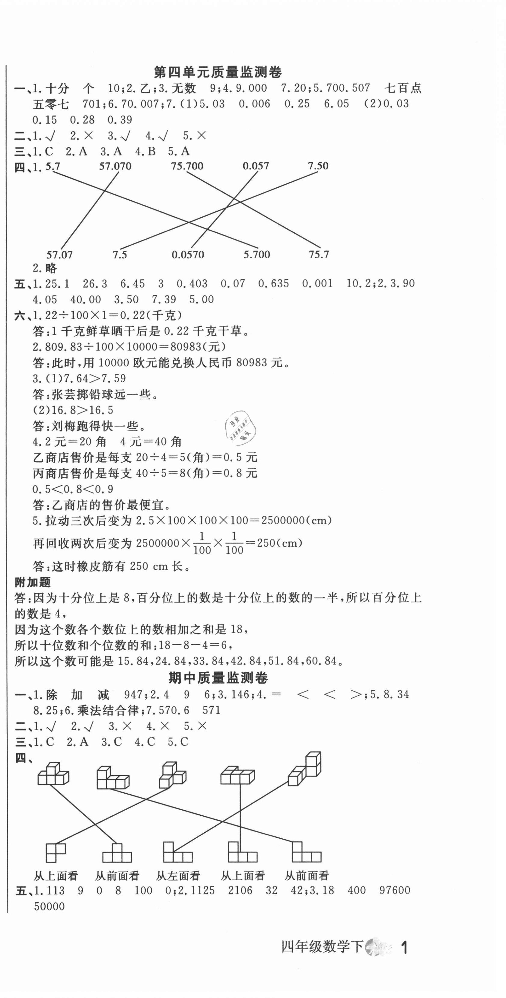 2021年一線名師質(zhì)量監(jiān)測卷四年級數(shù)學(xué)下冊人教版 第3頁