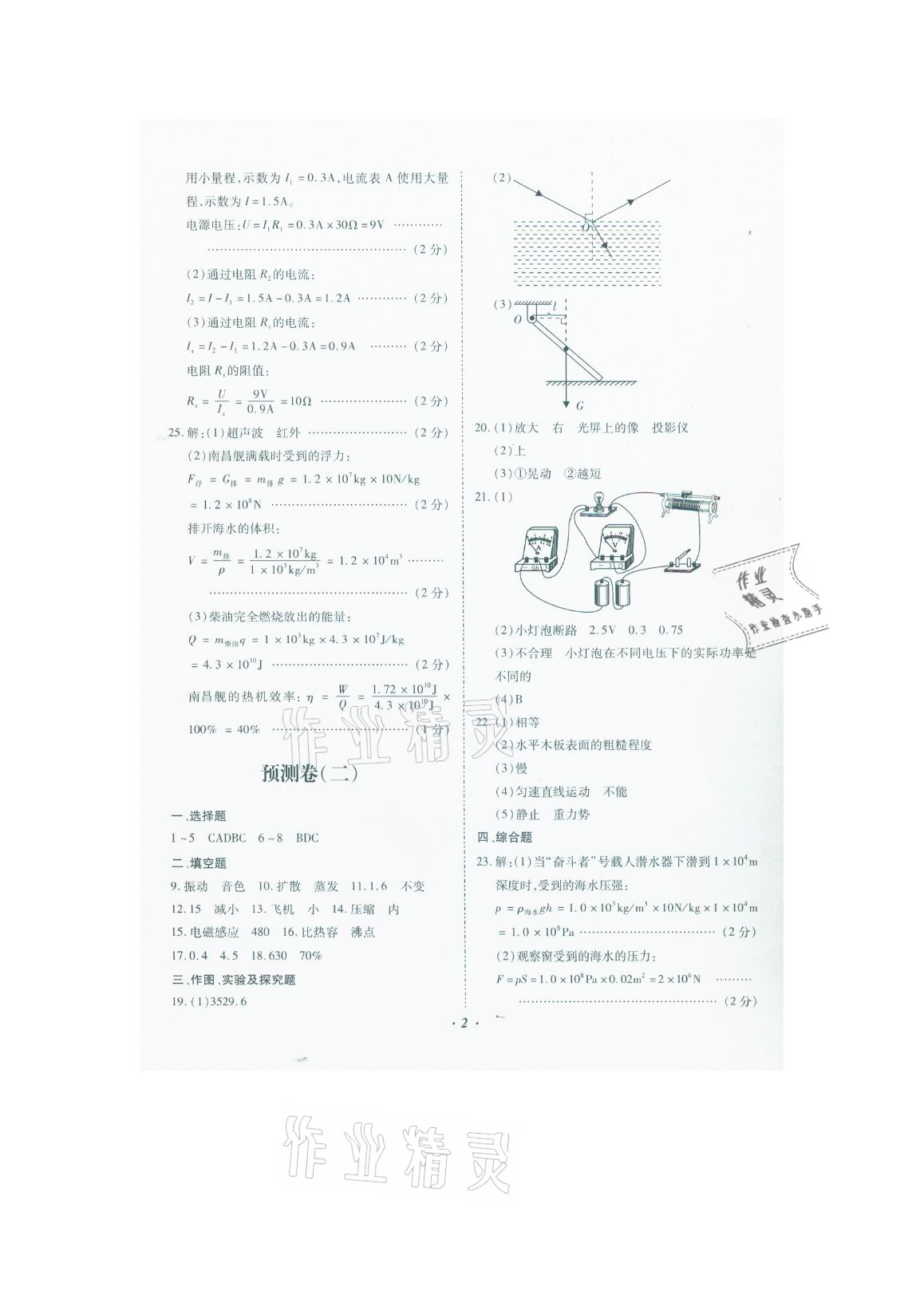 2021年本土預測卷物理云南專版 參考答案第2頁