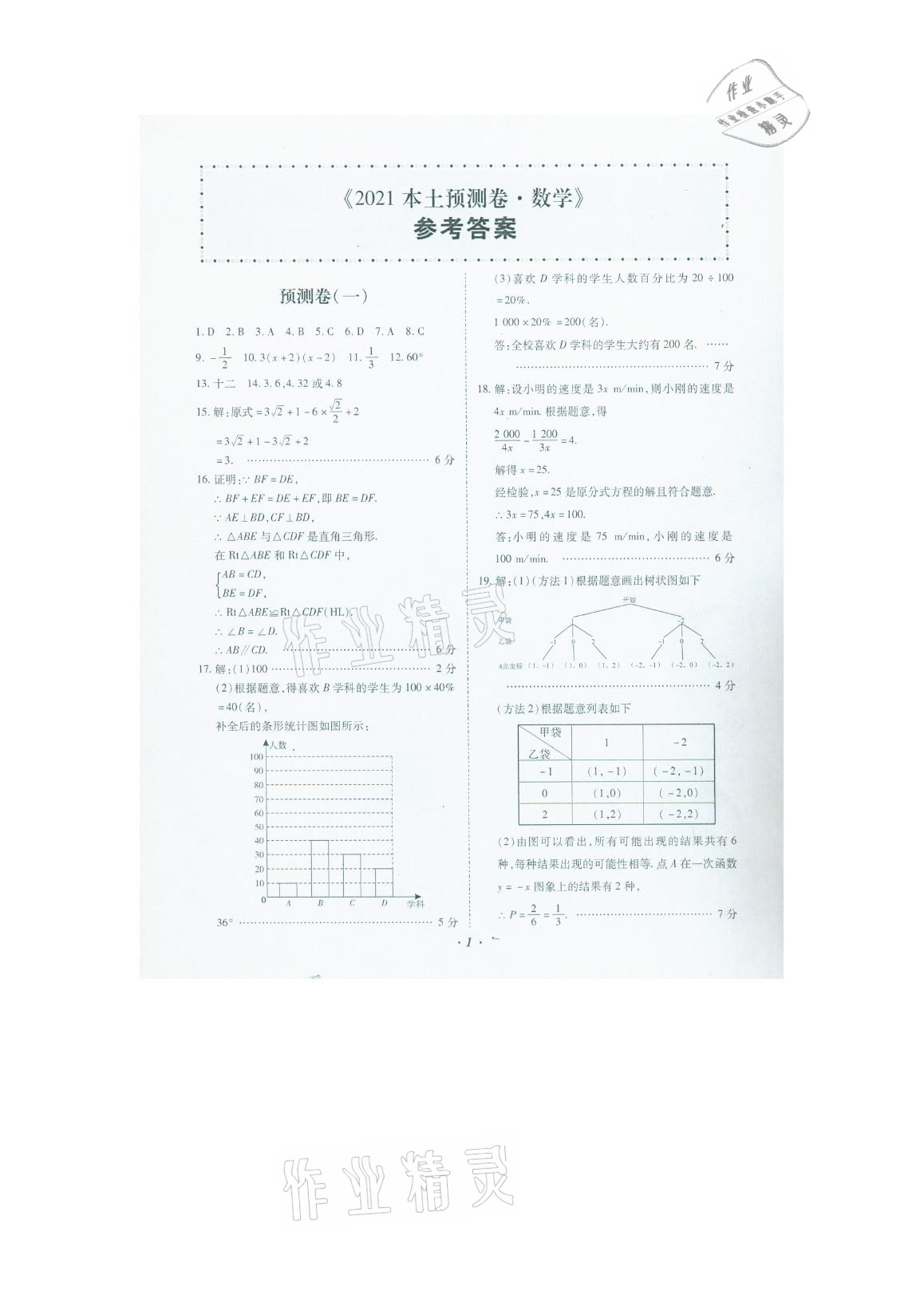 2021年本土預(yù)測(cè)卷數(shù)學(xué)云南專版 參考答案第1頁(yè)