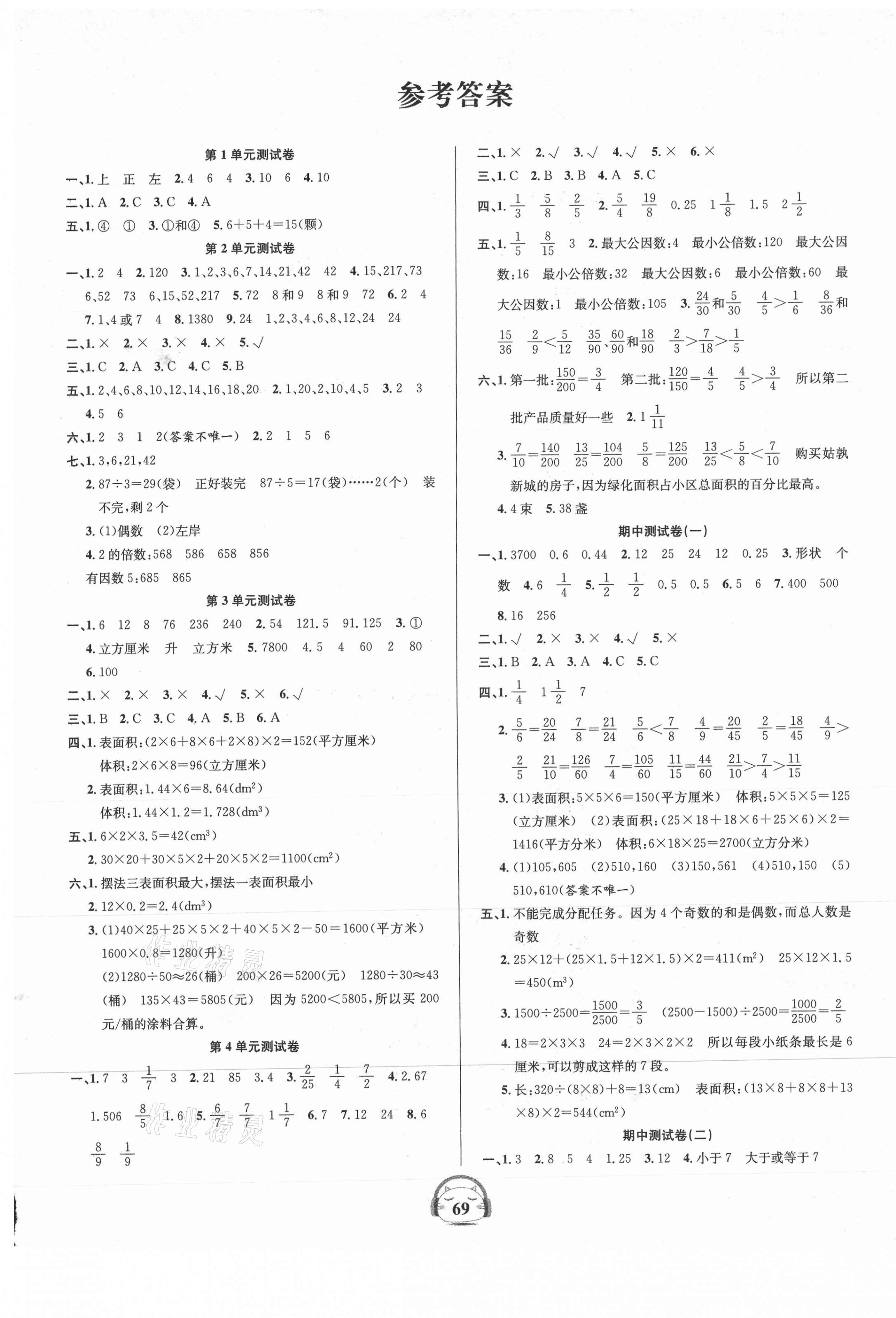 2021年品優(yōu)好卷單元加期末卷五年級(jí)數(shù)學(xué)下冊(cè)人教版 參考答案第1頁(yè)