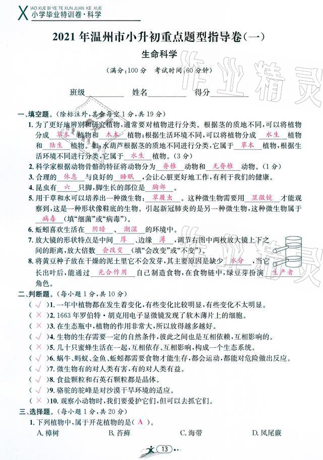 2021年小學(xué)畢業(yè)特訓(xùn)卷級科學(xué)溫州專版 參考答案第13頁