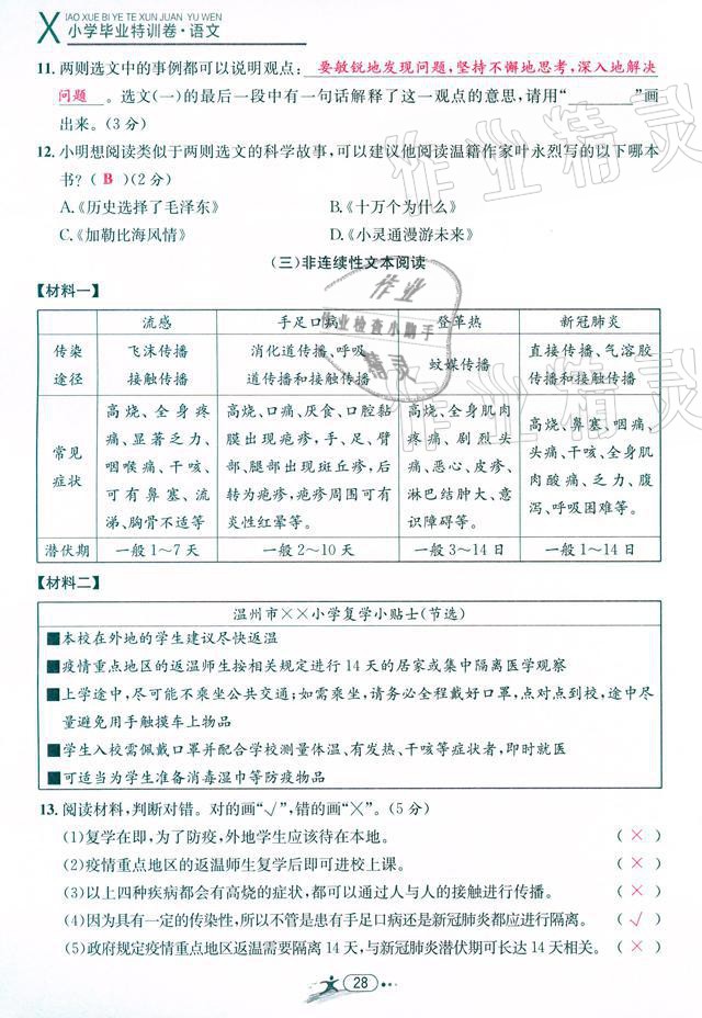 2021年小学毕业特训卷语文温州专版 参考答案第28页