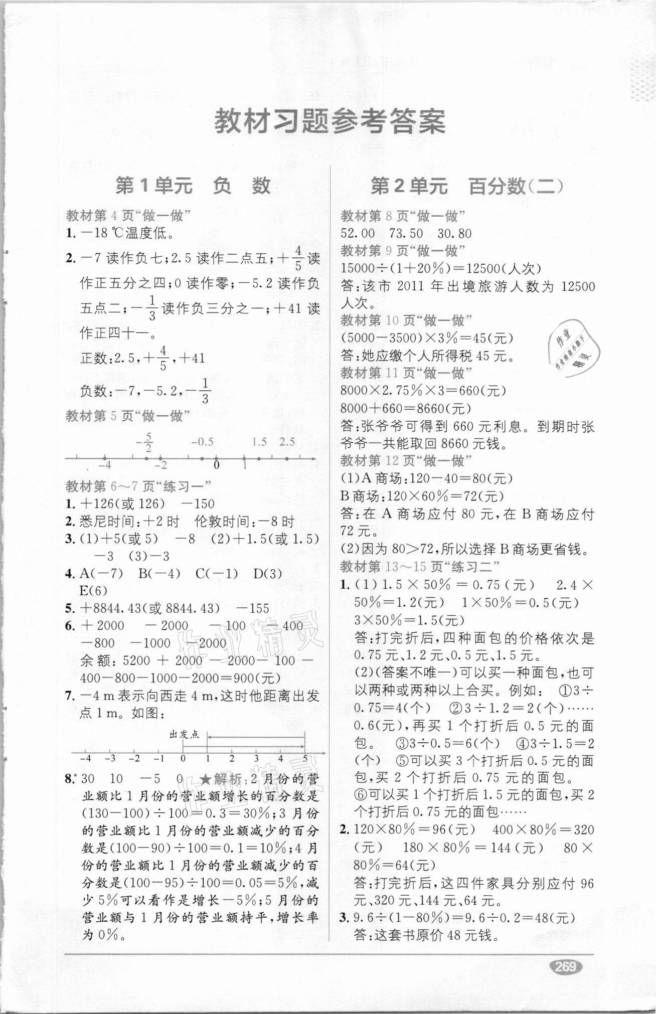 2021年教材1加1六年級數學下冊人教版 參考答案第1頁