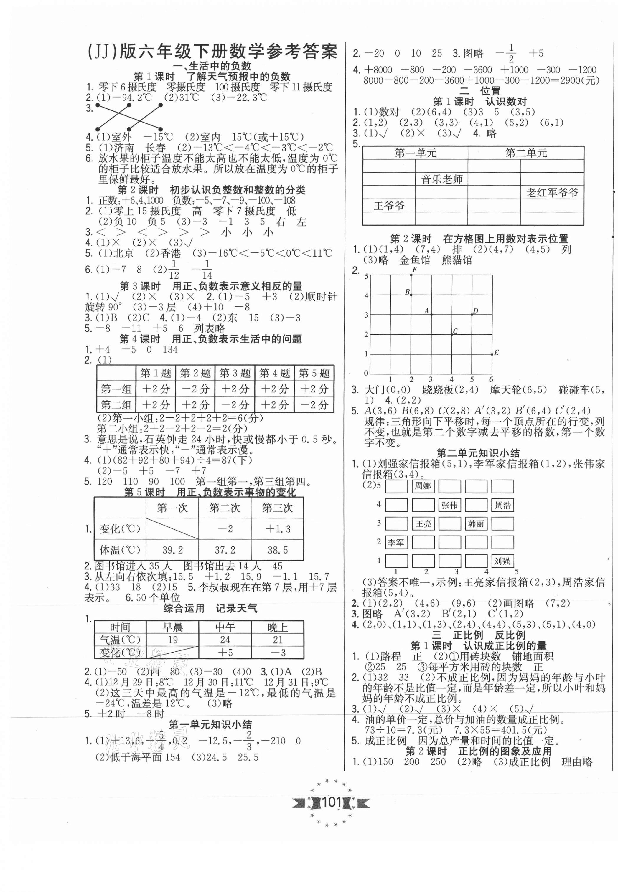 2021年樂學優練六年級數學下冊冀教版 參考答案第1頁