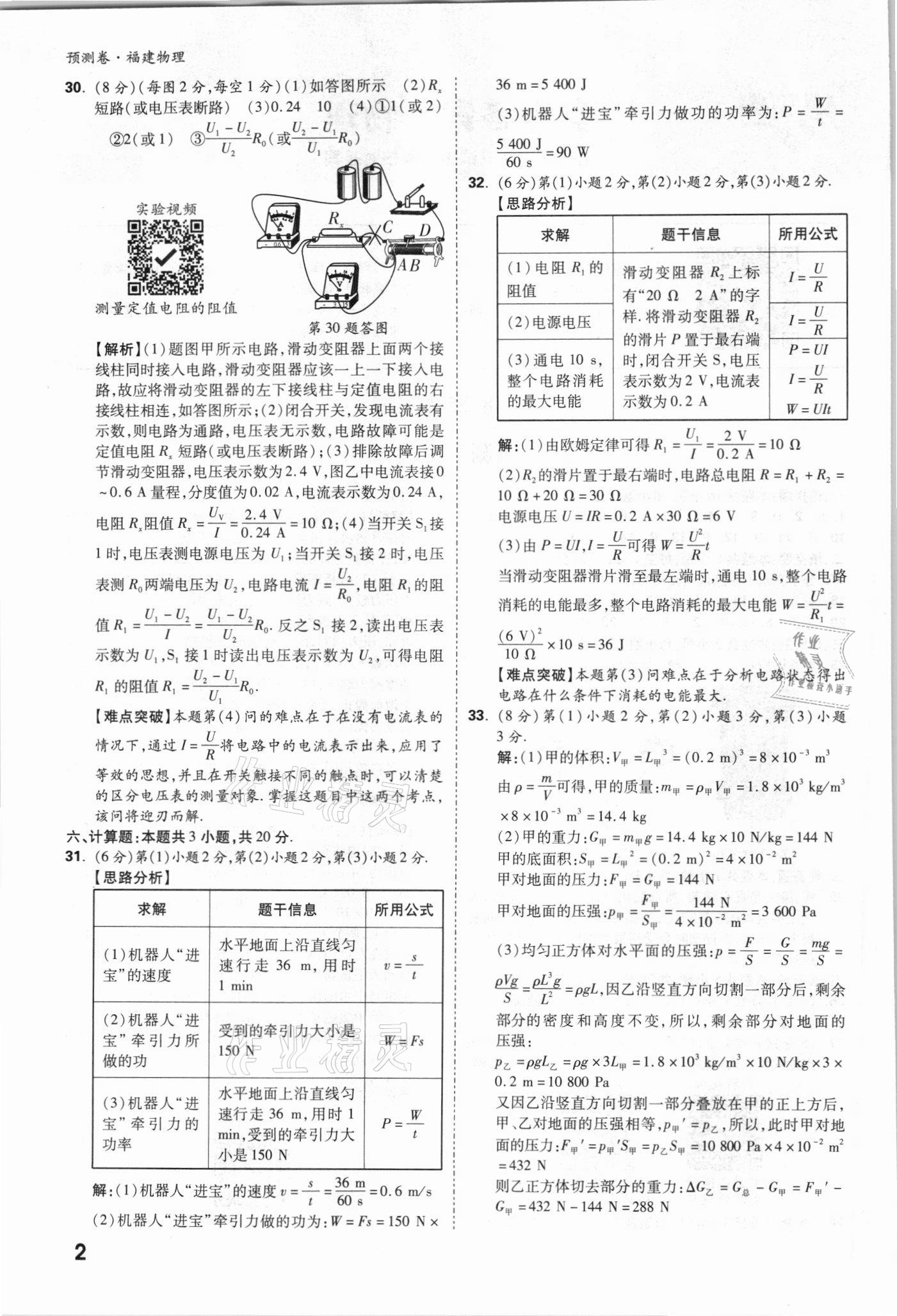 2021年萬唯中考預(yù)測卷物理福建專版 參考答案第2頁