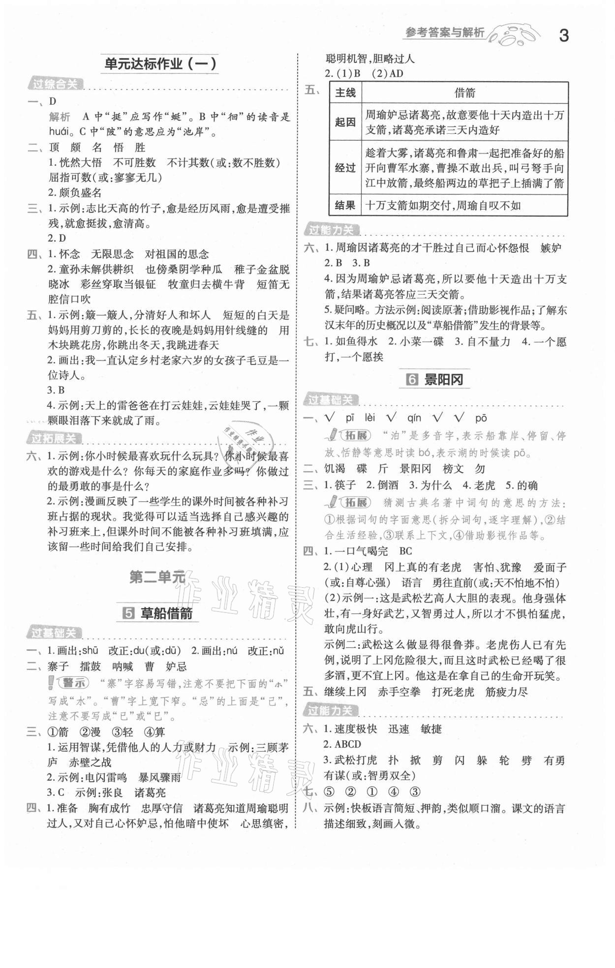 2021年一遍過五年級語文下冊人教版河南專版 參考答案第3頁