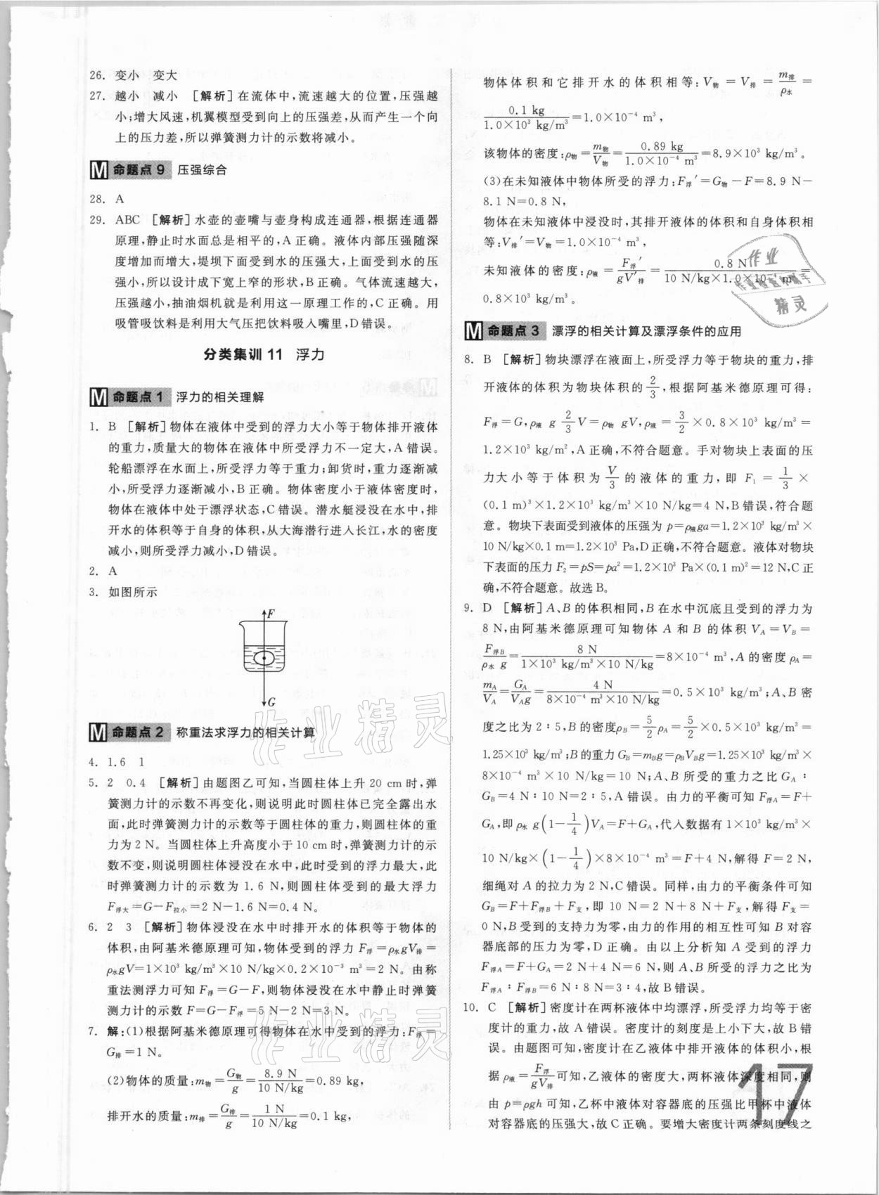 2021年全品中考真題分類集訓(xùn)物理 參考答案第17頁