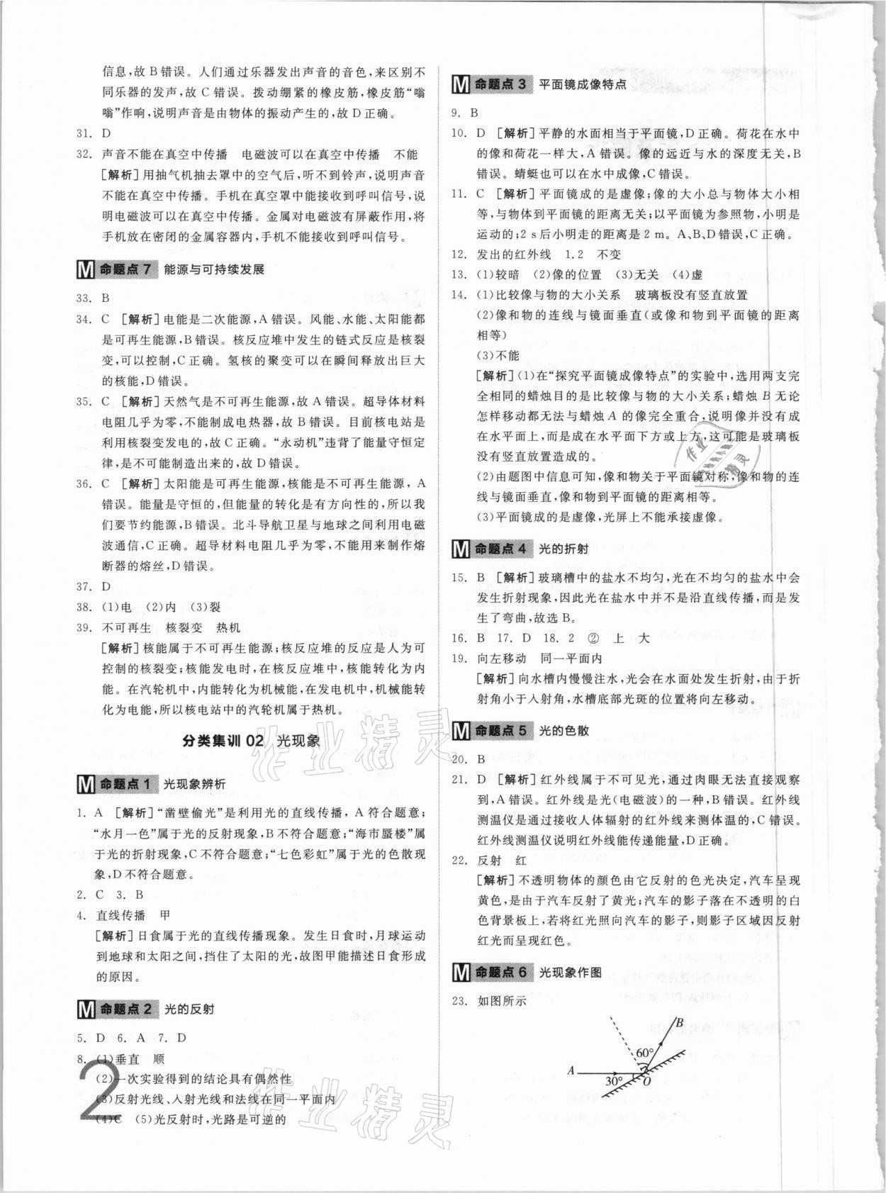 2021年全品中考真題分類(lèi)集訓(xùn)物理 參考答案第2頁(yè)