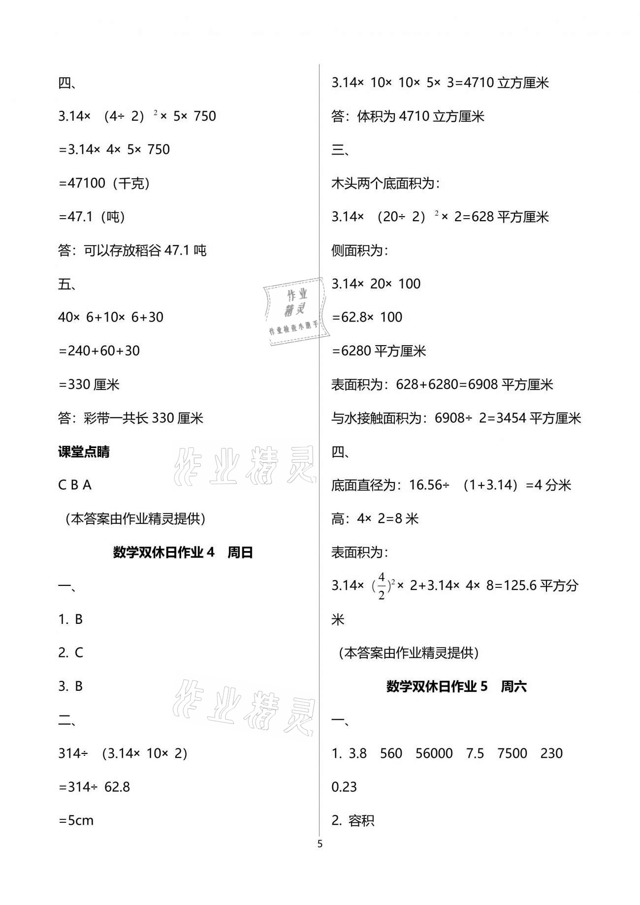 2021年天天向上雙休日作業(yè)六年級數(shù)學下冊人教版 參考答案第5頁