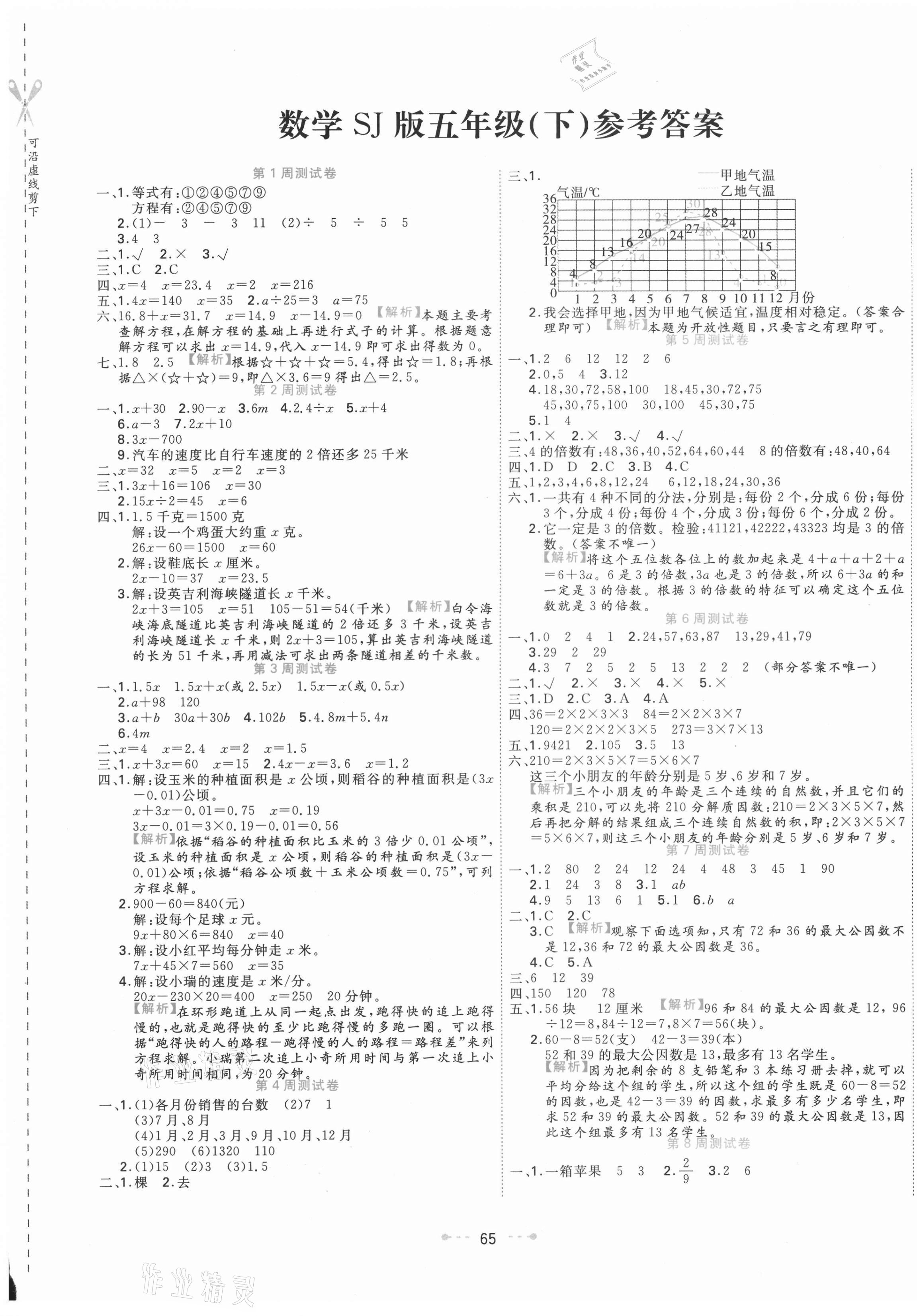 2021年一本好卷五年级数学下册苏教版 参考答案第1页