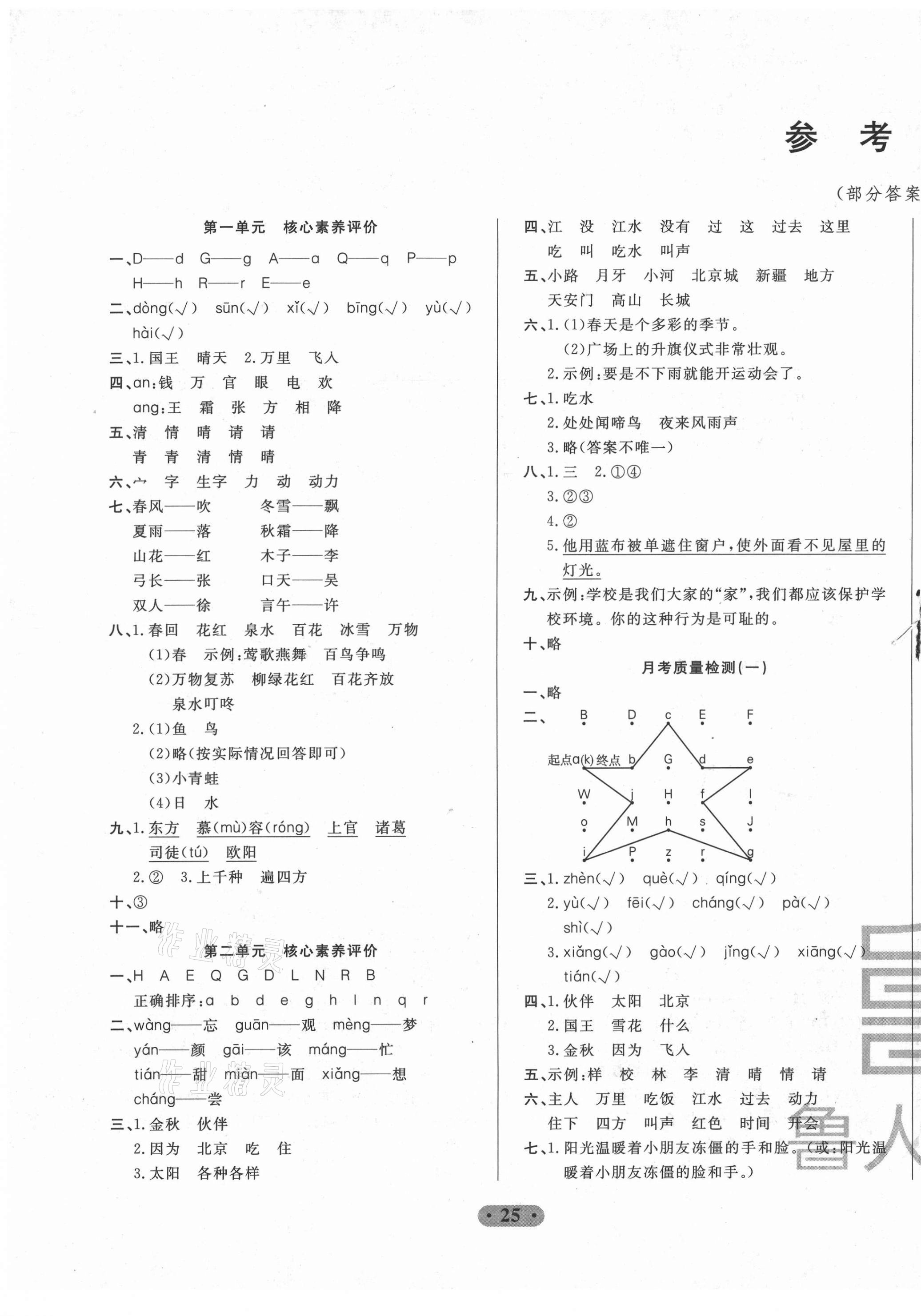 2021年一卷通小學(xué)核心素養(yǎng)評價(jià)一年級語文下冊人教版 第1頁