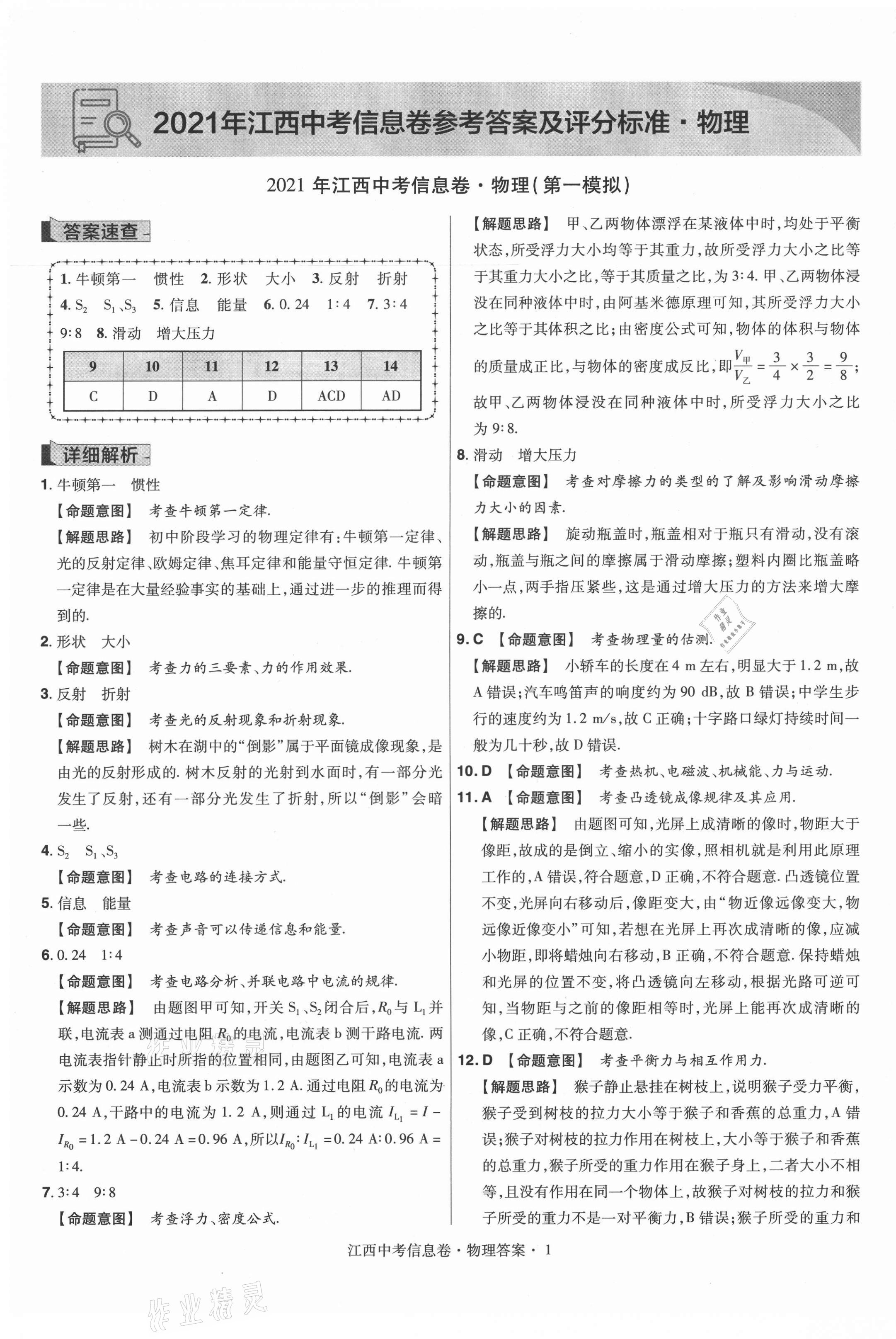 2021年金考卷百校聯(lián)盟系列江西中考信息卷物理 參考答案第1頁