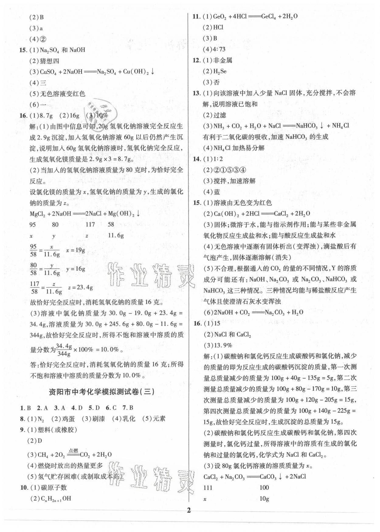 2021年名師點撥中考導航化學資陽專版 參考答案第2頁