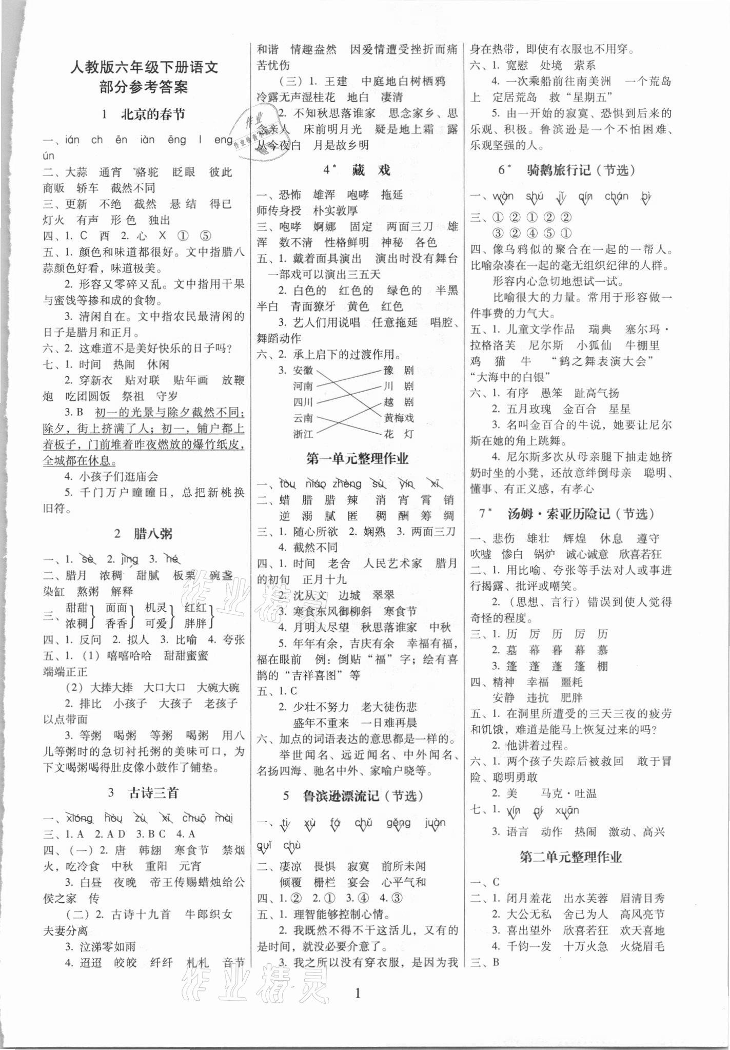 2021年云南师大附小一线名师提优作业六年级语文下册人教版 第1页