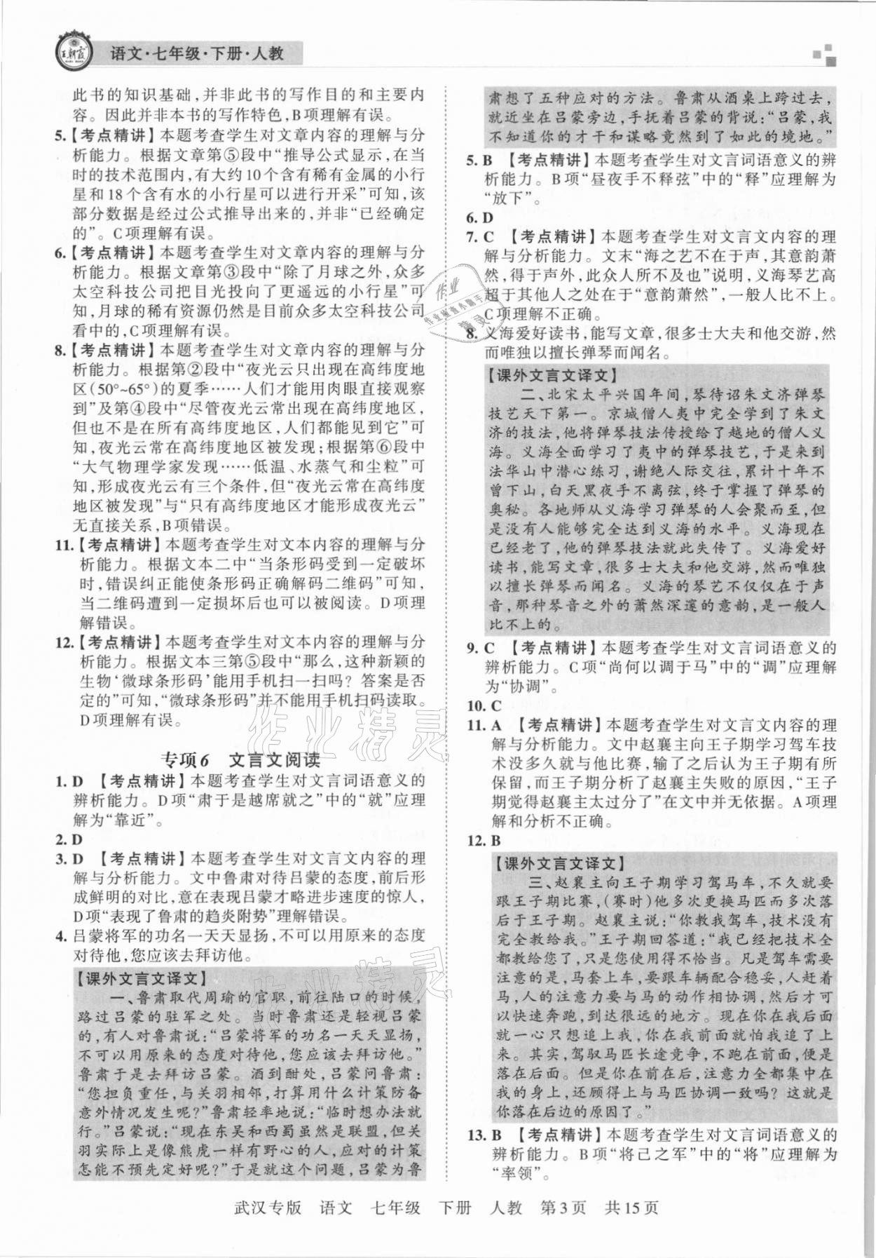 2021年王朝霞期末真題精編七年級(jí)語(yǔ)文下冊(cè)人教版武漢專(zhuān)版 參考答案第3頁(yè)