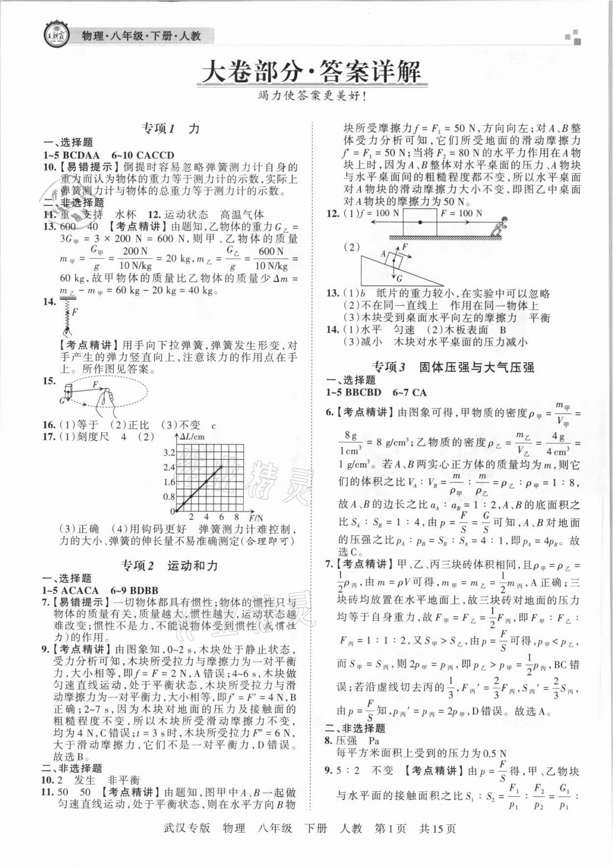 2021年王朝霞期末真題精編八年級物理下冊人教版武漢專版 參考答案第1頁