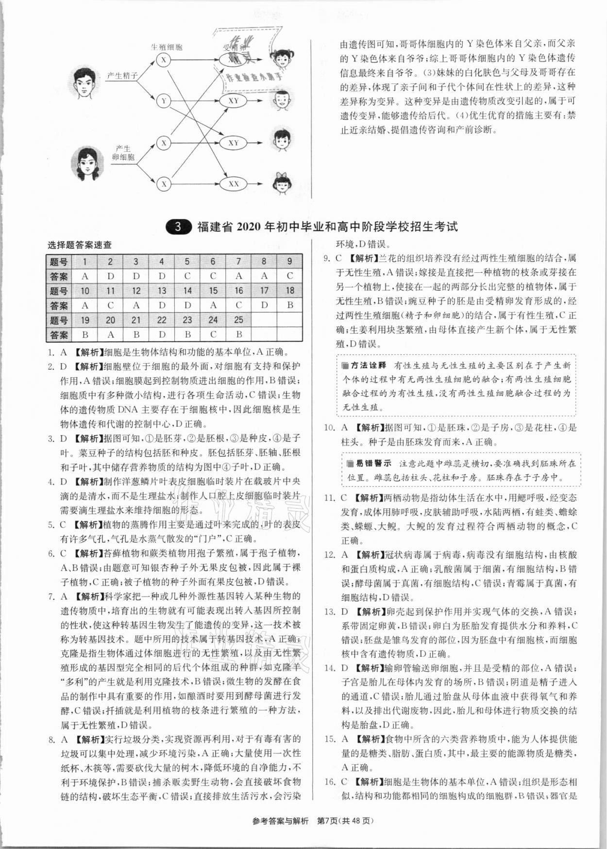 2021年春雨教育考必胜全国中考试卷精选生物 参考答案第7页