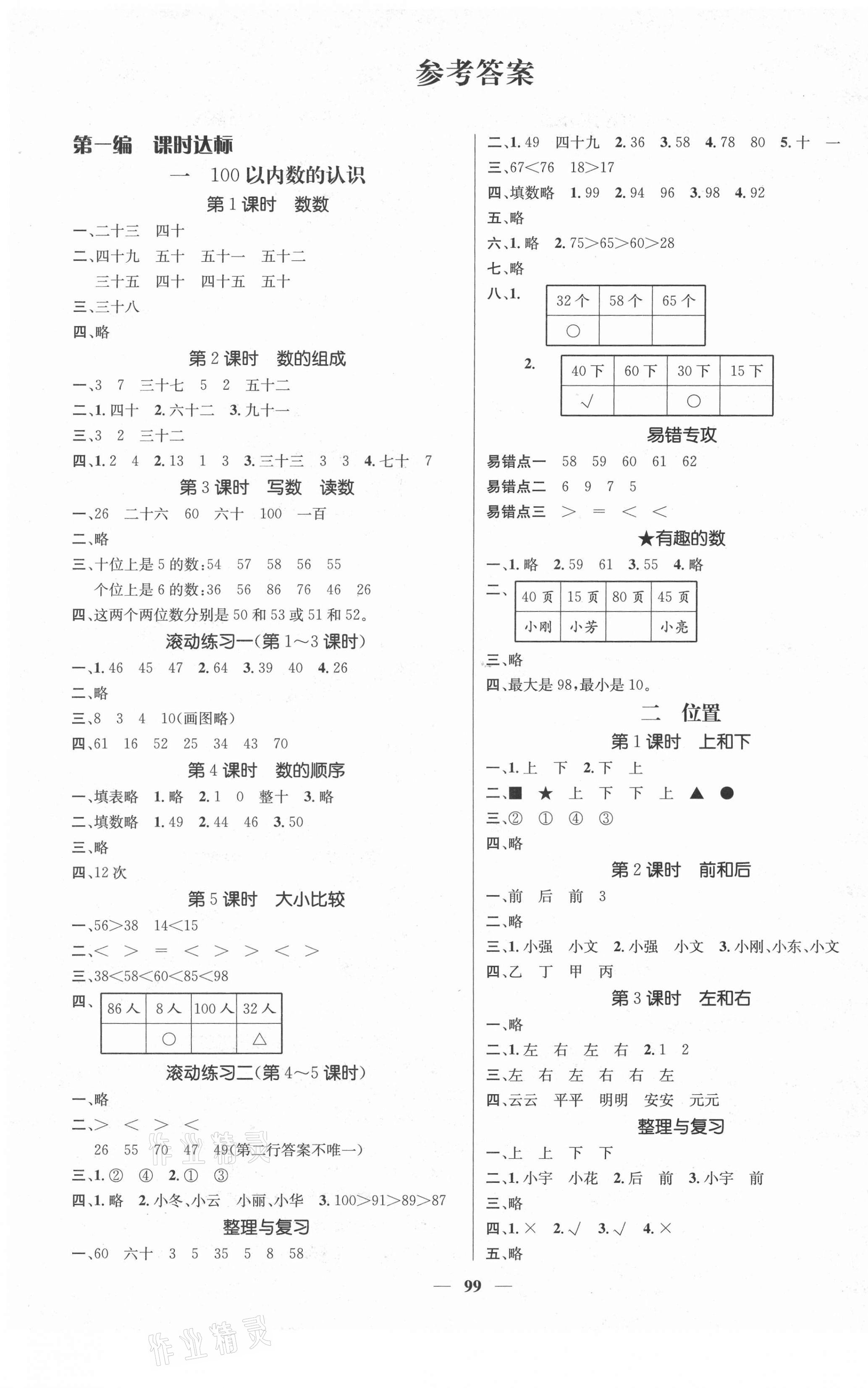 2021年名师测控一年级数学下册西师大版 参考答案第1页