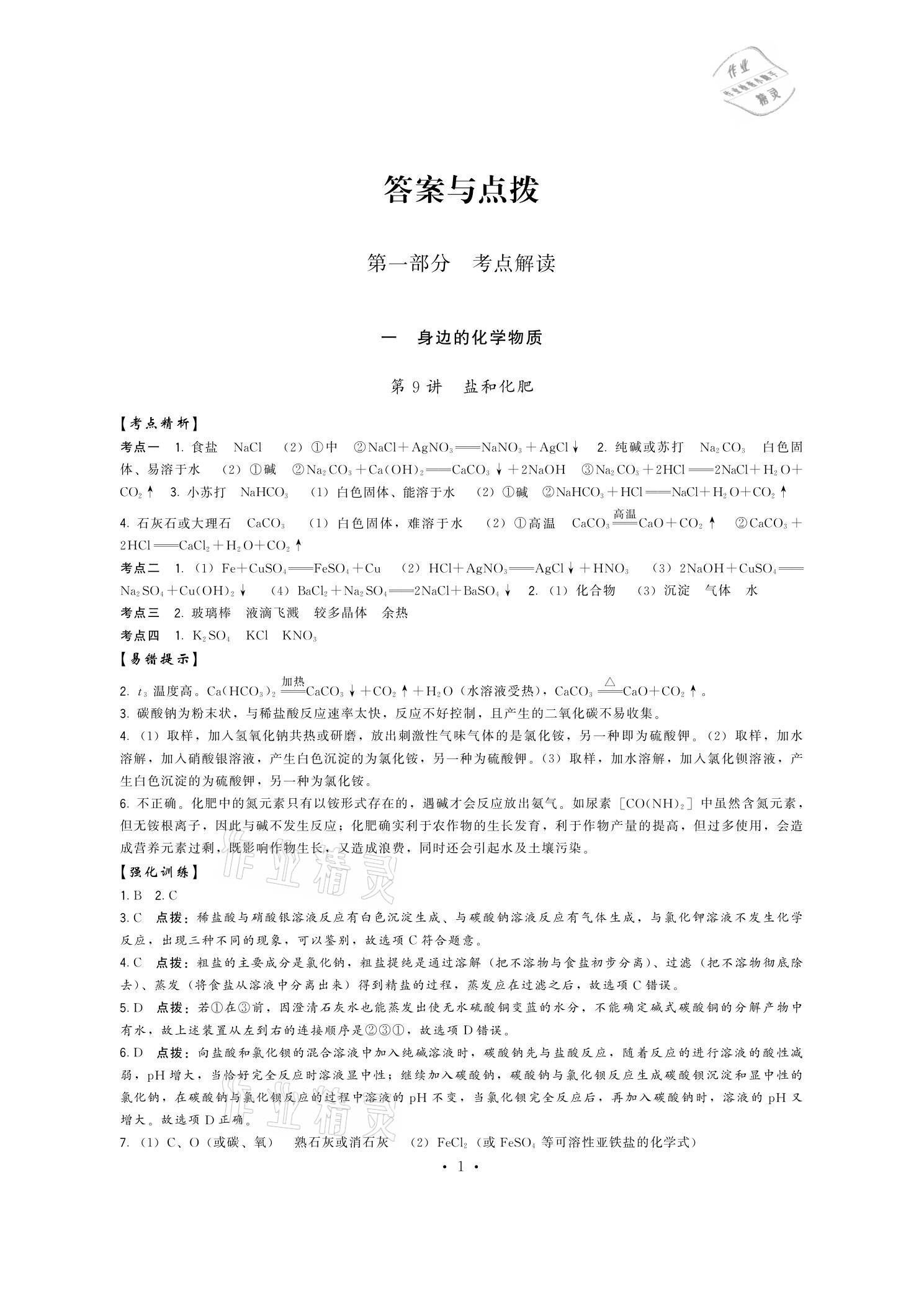2021年頂尖中考沖刺復習攻略化學 參考答案第1頁