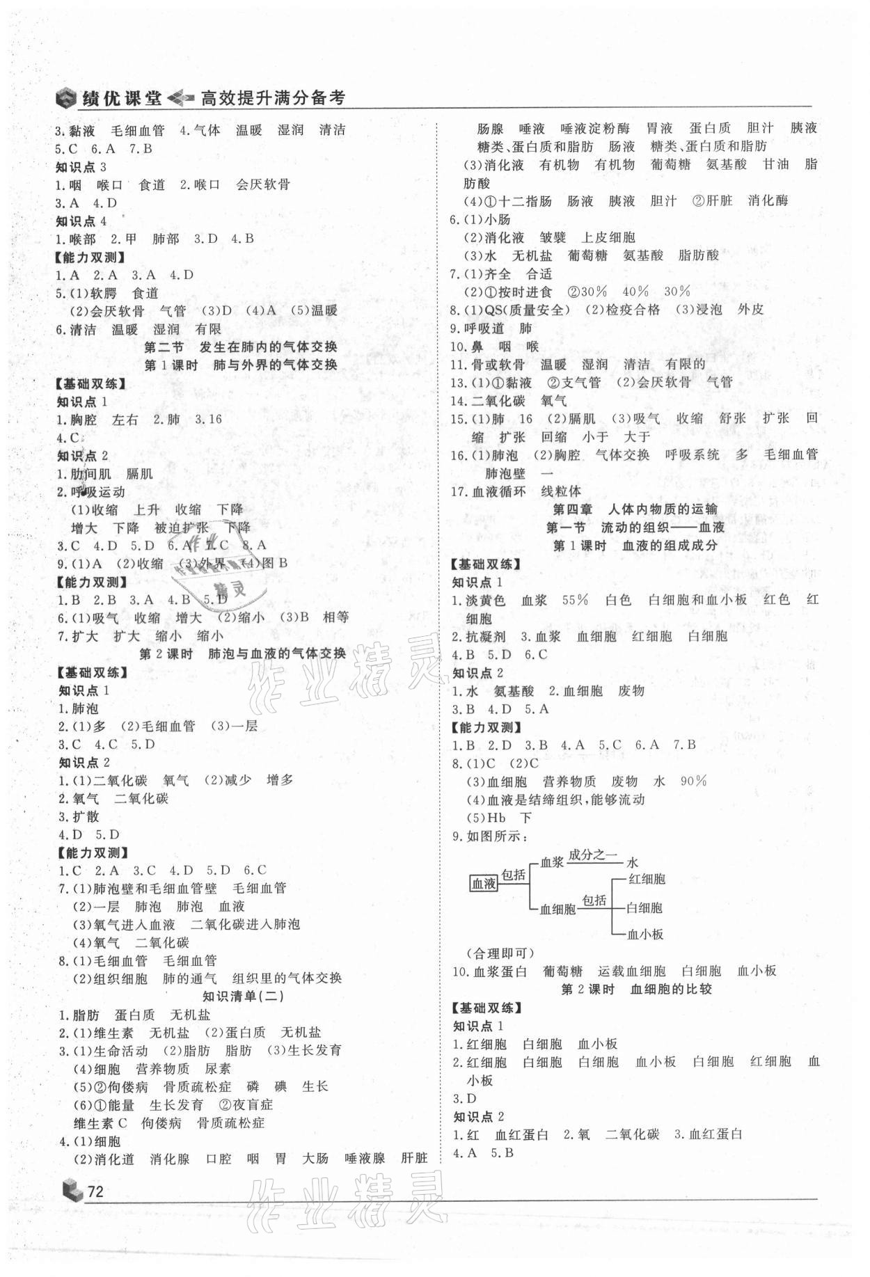 2021年績(jī)優(yōu)課堂高效提升滿分備考七年級(jí)生物下冊(cè)人教版 參考答案第3頁(yè)