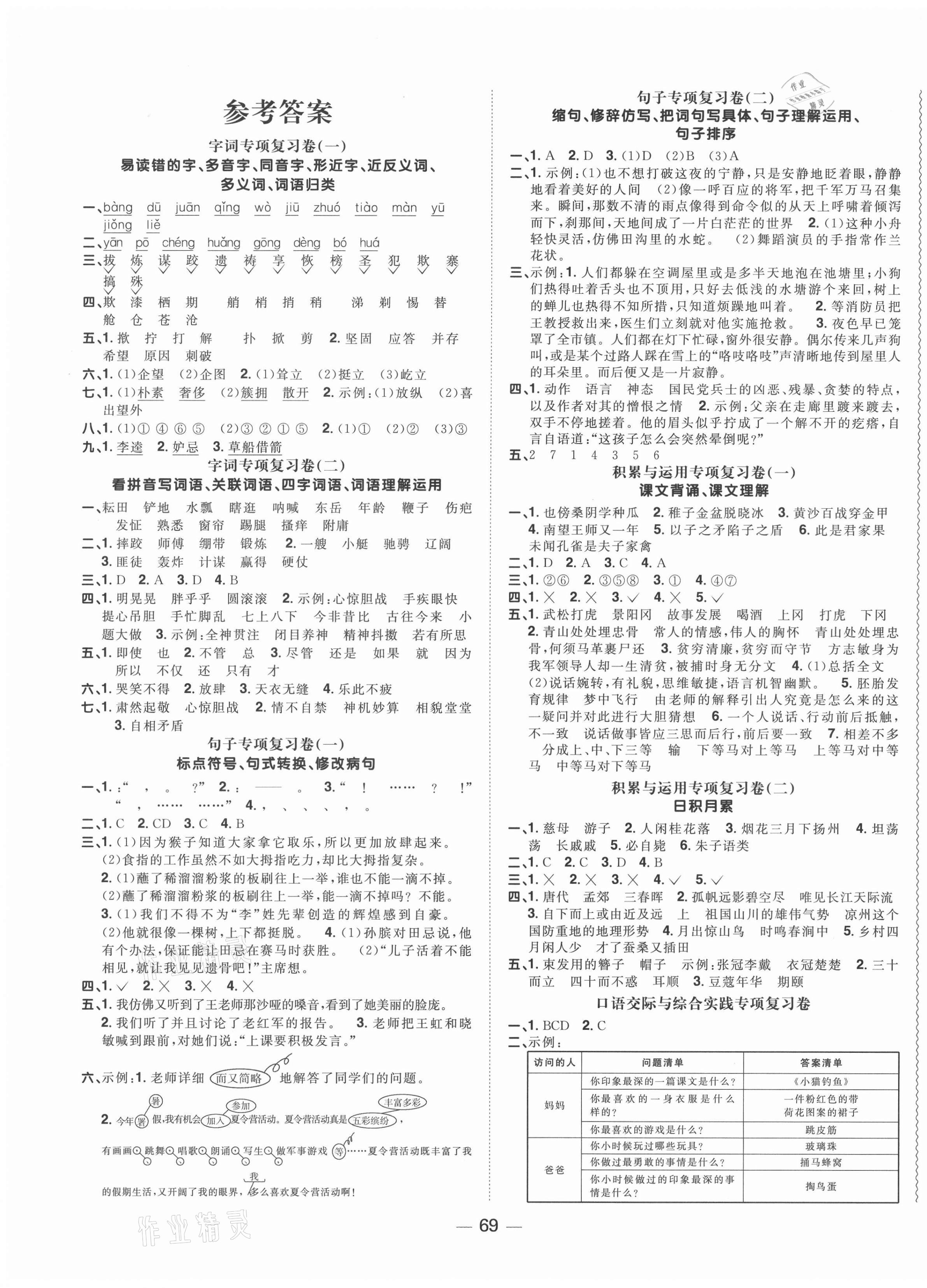 2021年陽(yáng)光同學(xué)期末復(fù)習(xí)15天沖刺100分五年級(jí)語(yǔ)文下冊(cè)人教版 參考答案第1頁(yè)