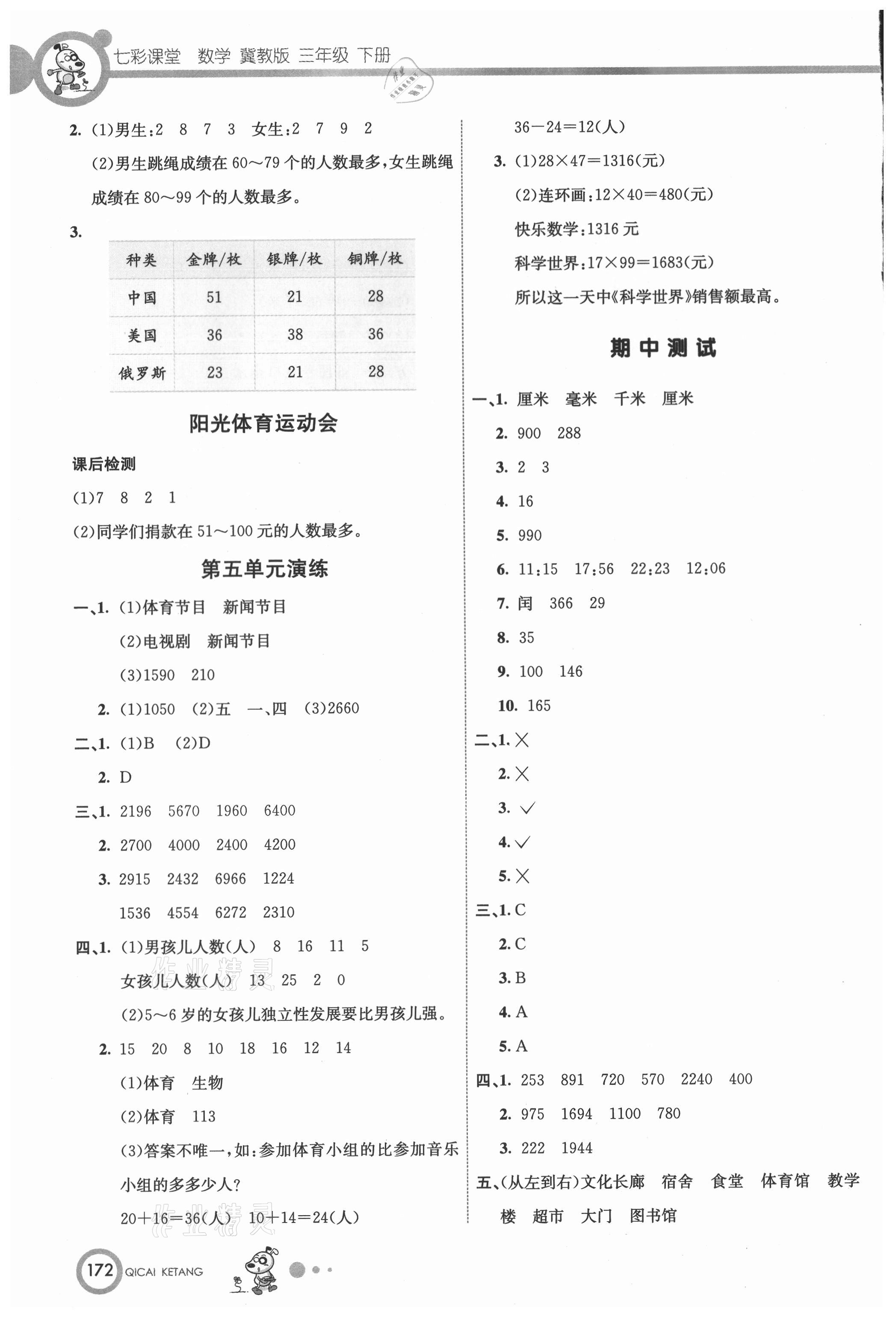 2021年七彩課堂三年級數(shù)學下冊冀教版 參考答案第6頁