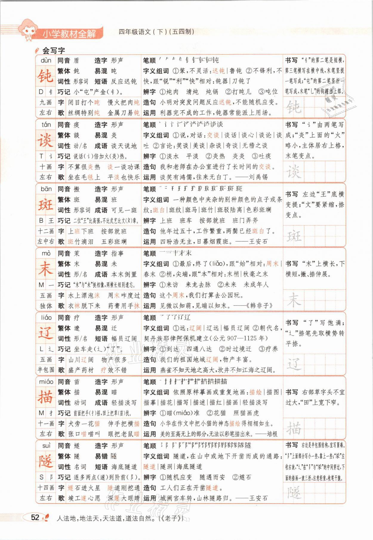 2021年教材課本四年級語文下冊人教版54制 參考答案第52頁