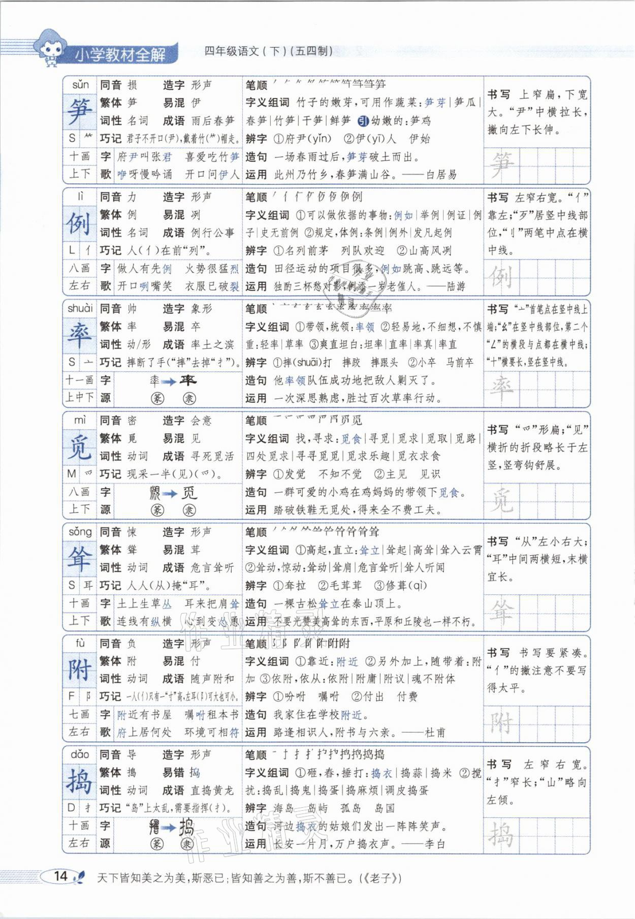 2021年教材課本四年級(jí)語文下冊(cè)人教版54制 參考答案第14頁