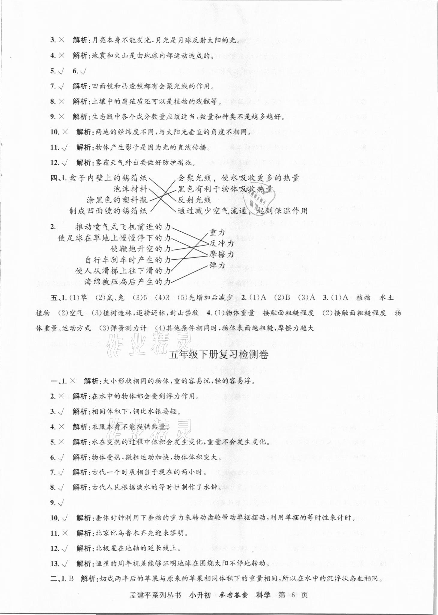 2021年孟建平小升初名校招生入學(xué)考試卷科學(xué) 參考答案第6頁(yè)