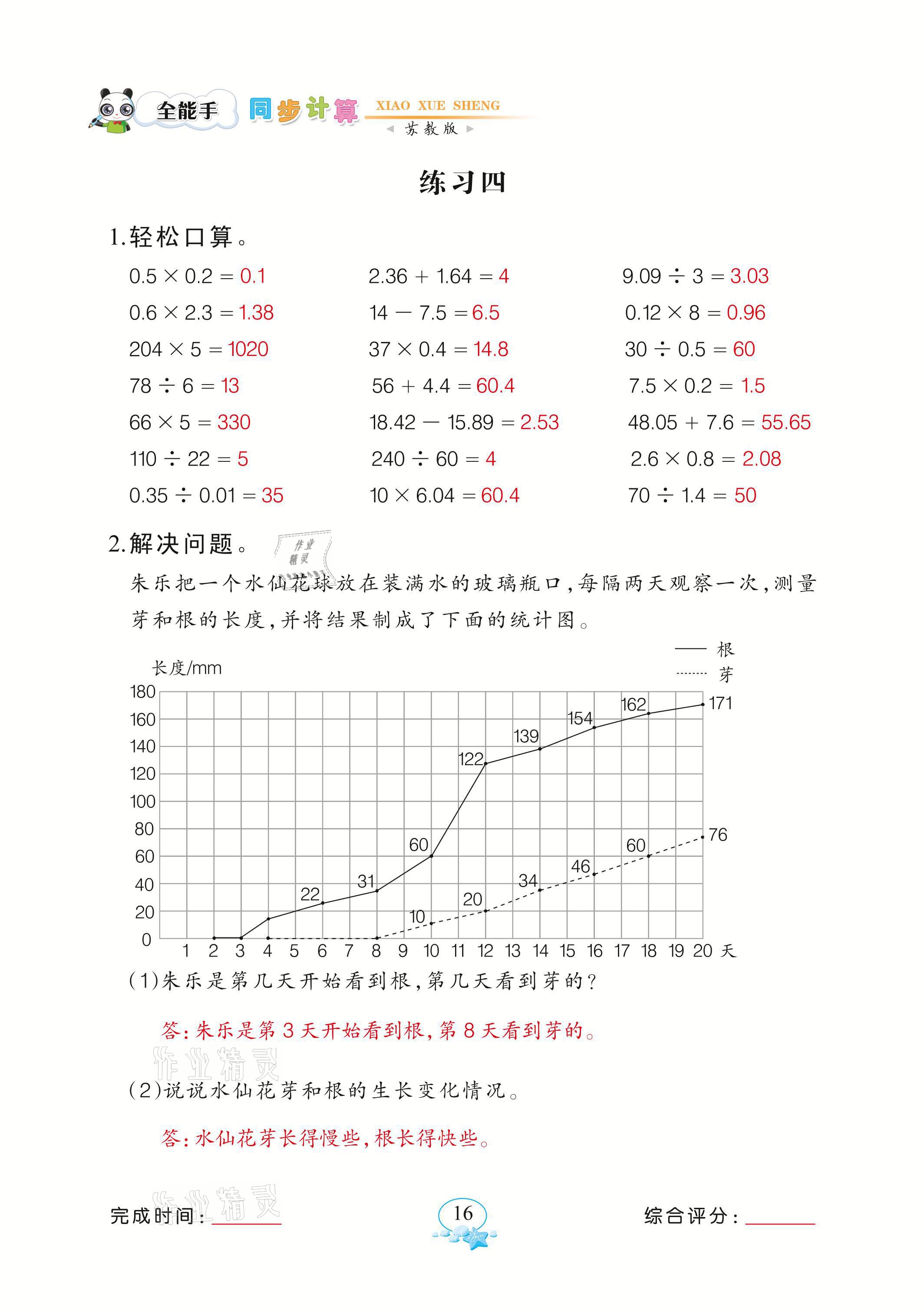 2021年全能手同步計算五年級數學下冊蘇教版 參考答案第16頁