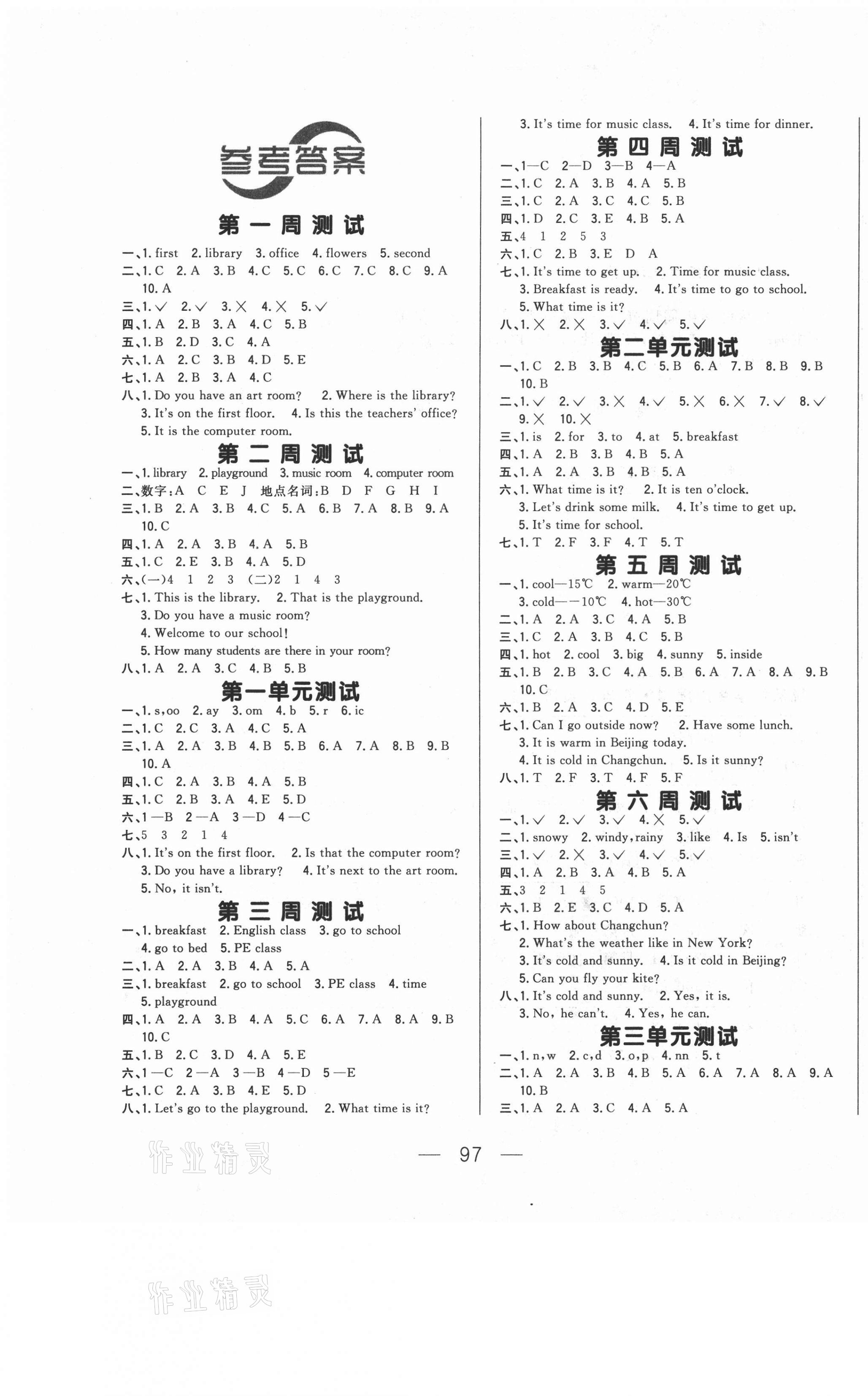 2021年悅?cè)缓脤W(xué)生周周測四年級英語下冊人教PEP版 參考答案第1頁