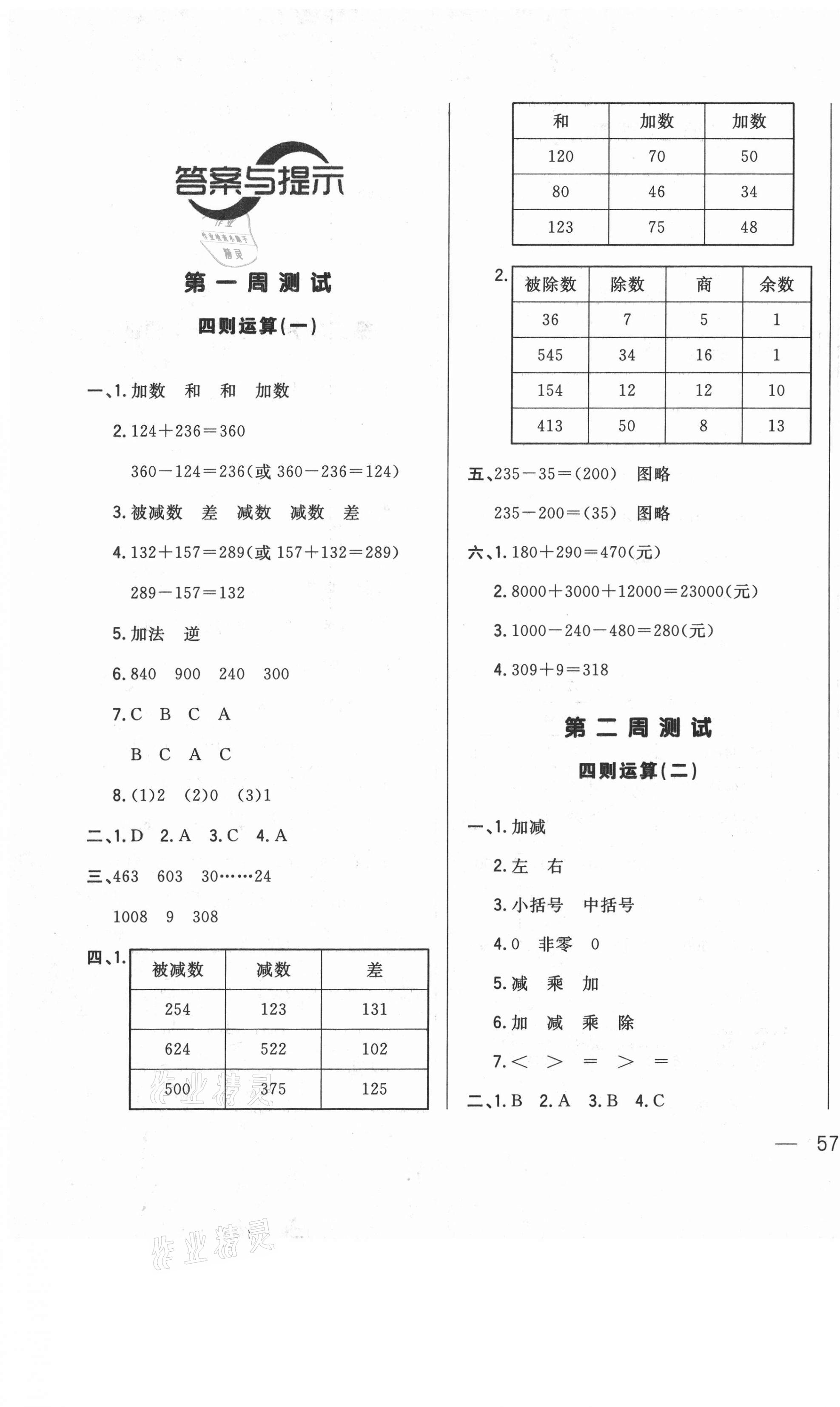 2021年悦然好学生周周测四年级数学下册人教版 参考答案第1页