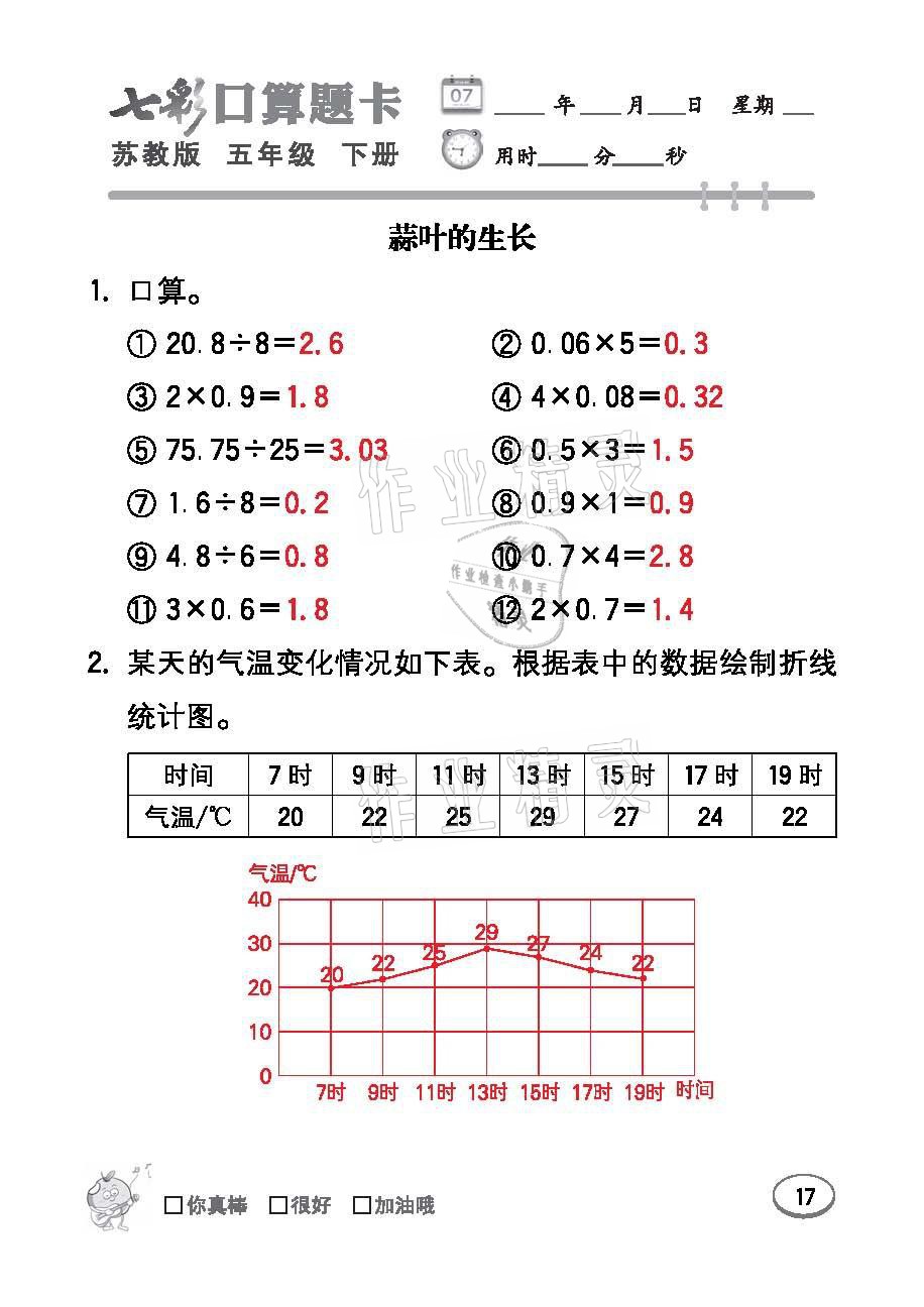 2021年七彩口算題卡五年級數(shù)學(xué)下冊蘇教版 參考答案第17頁