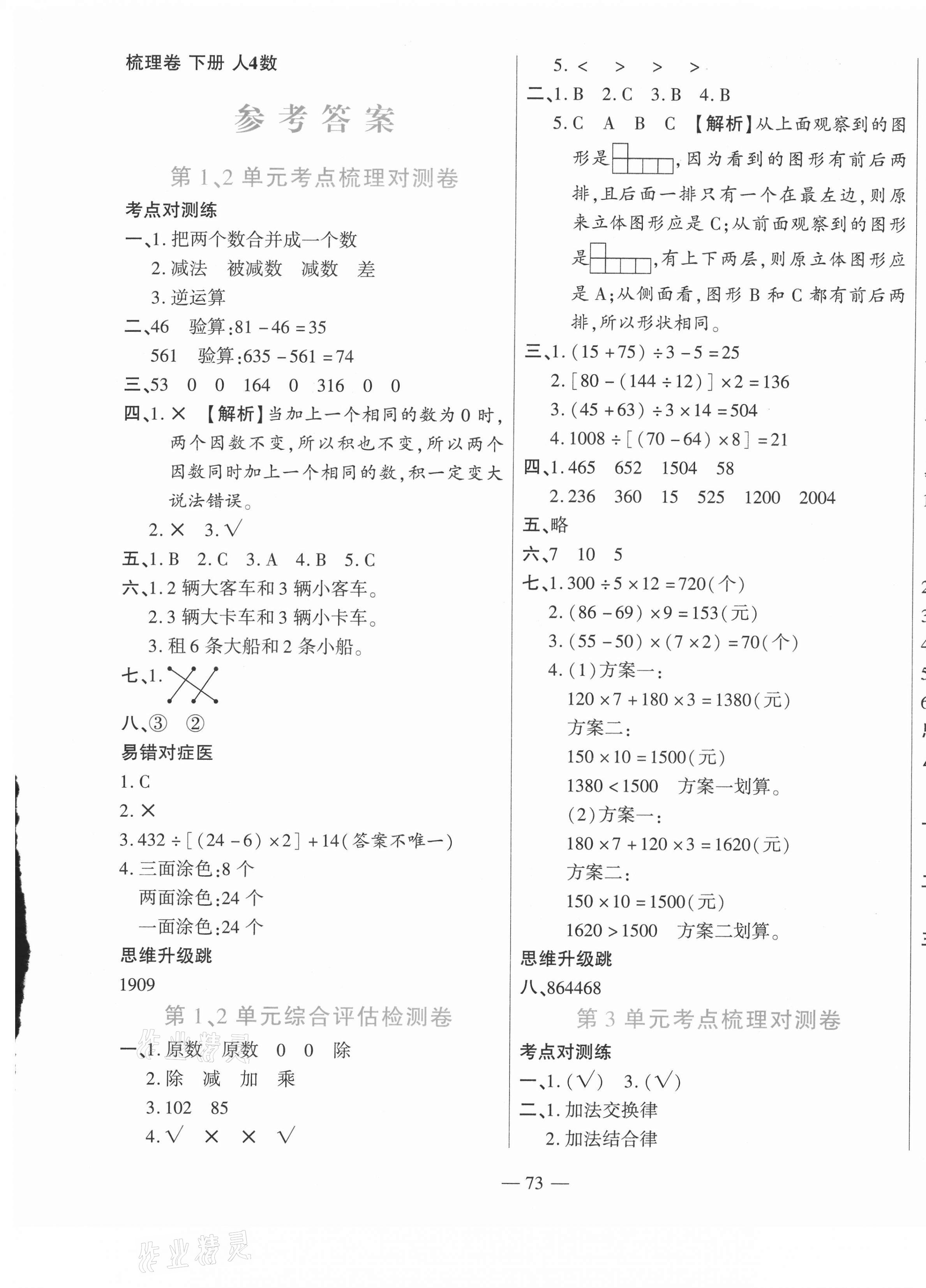 2021年梳理卷四年級數學下冊人教版 第1頁