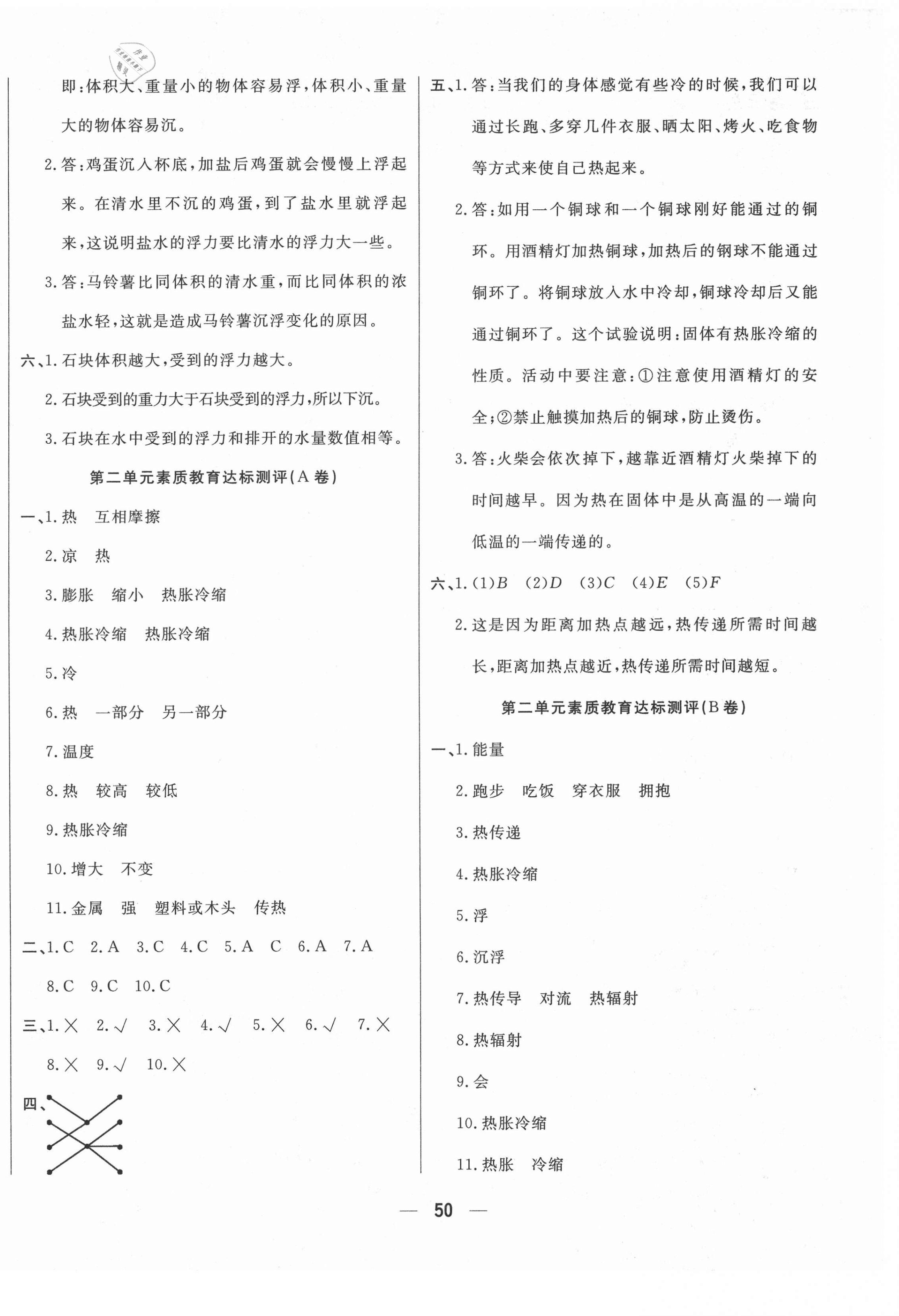 2021年科學(xué)與生活測試卷五年級下冊教科版 參考答案第2頁