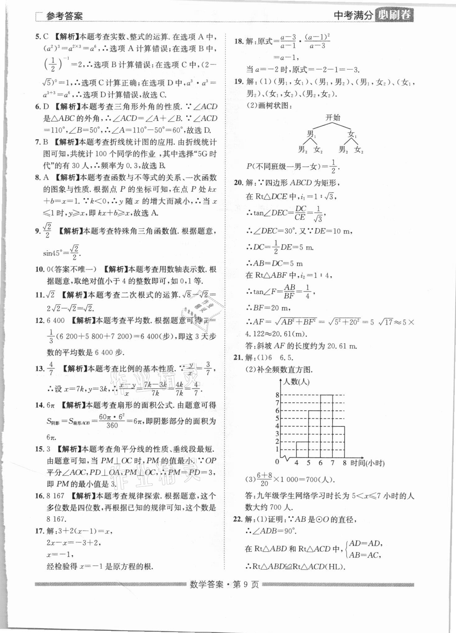 2021年湖南中考滿分必刷卷數(shù)學(xué)黑龍江美術(shù)出版社 參考答案第9頁