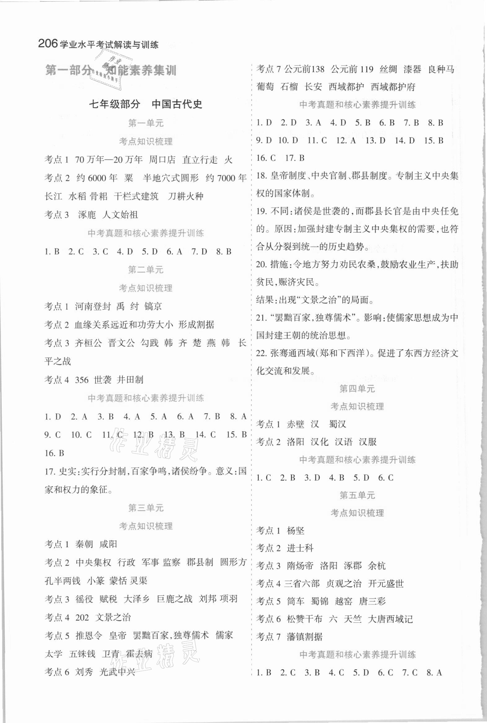 2021年初中學業水平考試解讀與訓練歷史 參考答案第1頁