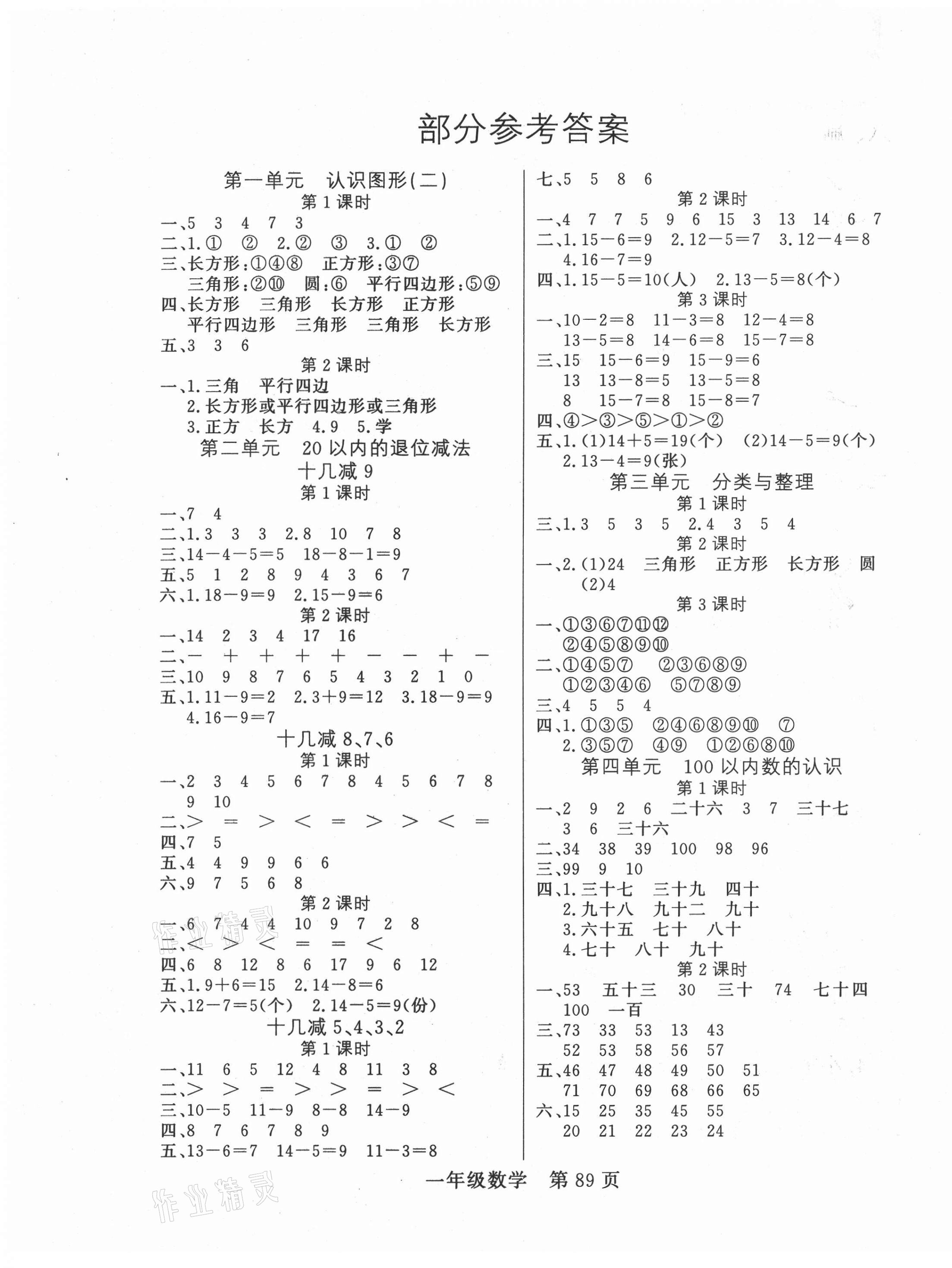 2021年淘金先锋课堂一年级数学下册人教版 参考答案第1页