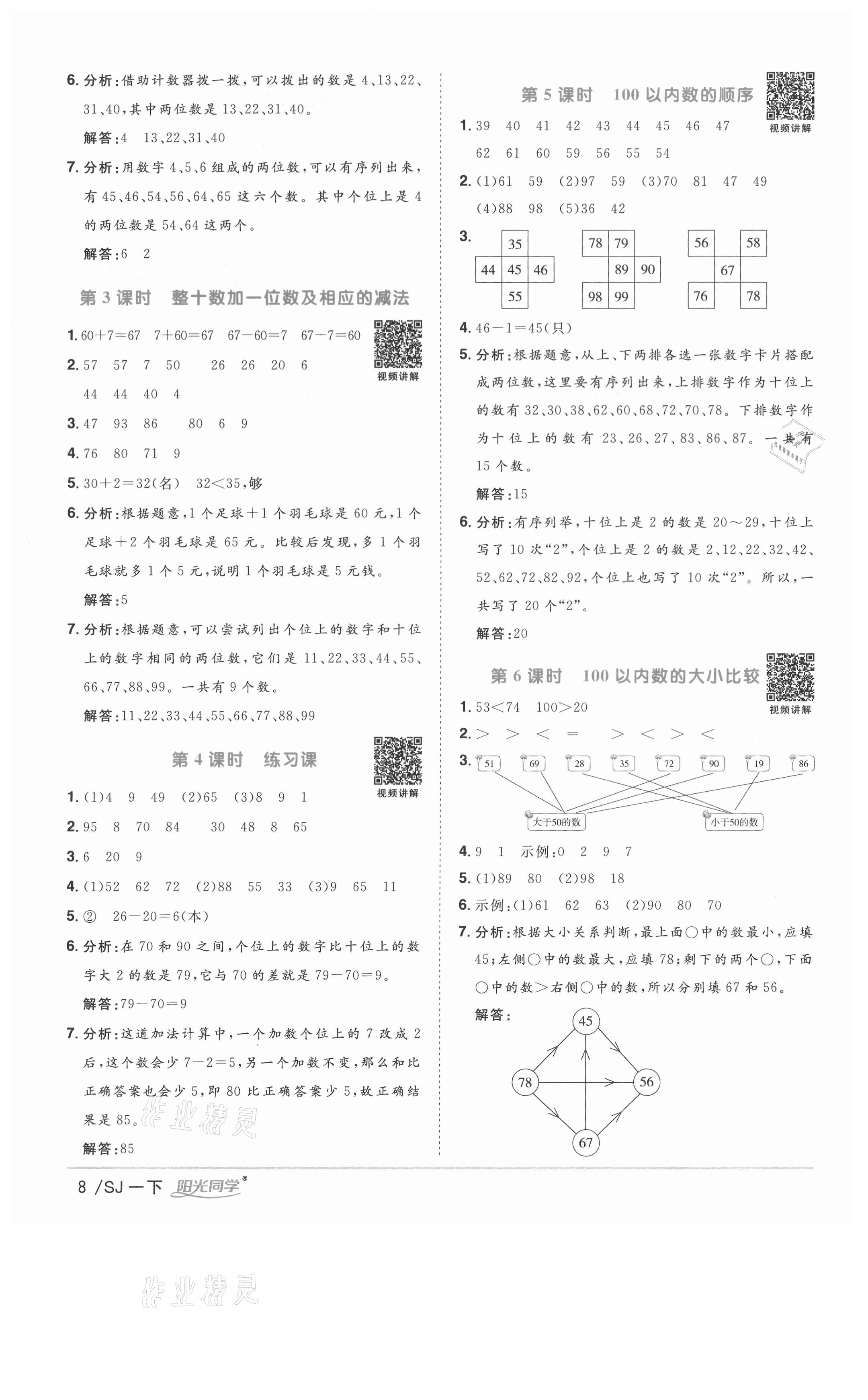 2021年陽光同學(xué)課時優(yōu)化作業(yè)一年級數(shù)學(xué)下冊蘇教版徐州專版 參考答案第8頁