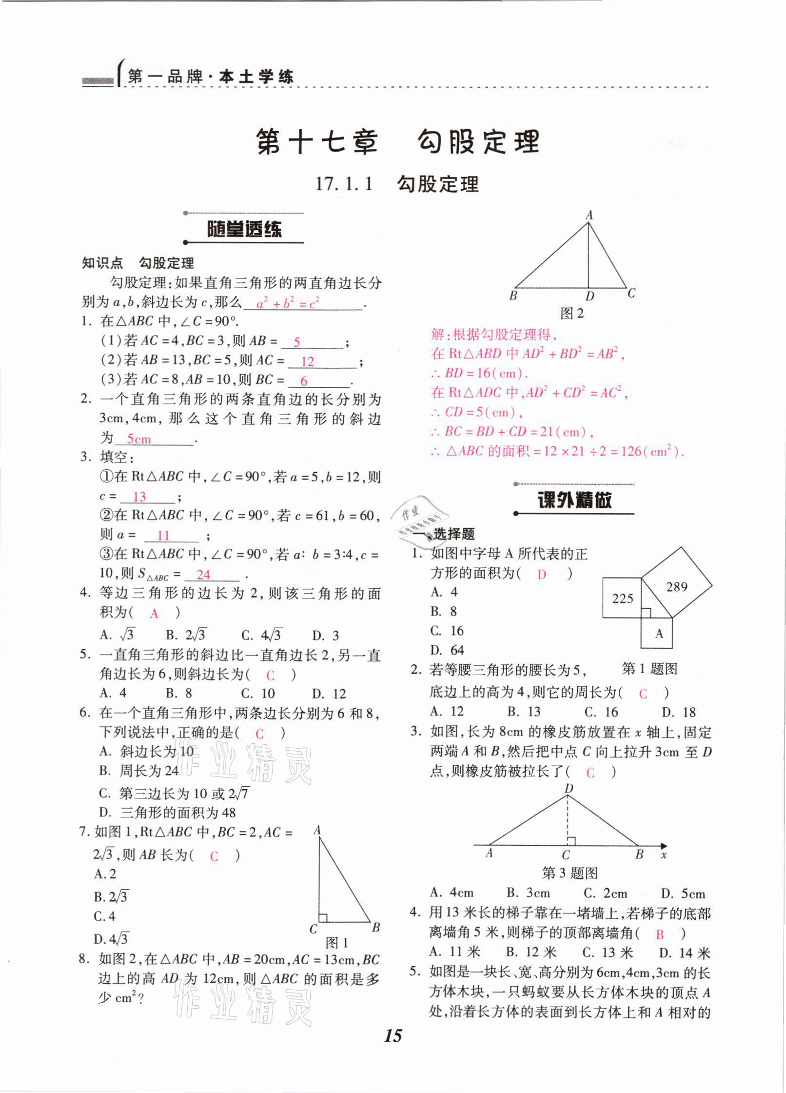 2021年本土学练八年级数学下册人教版云南专版 参考答案第15页