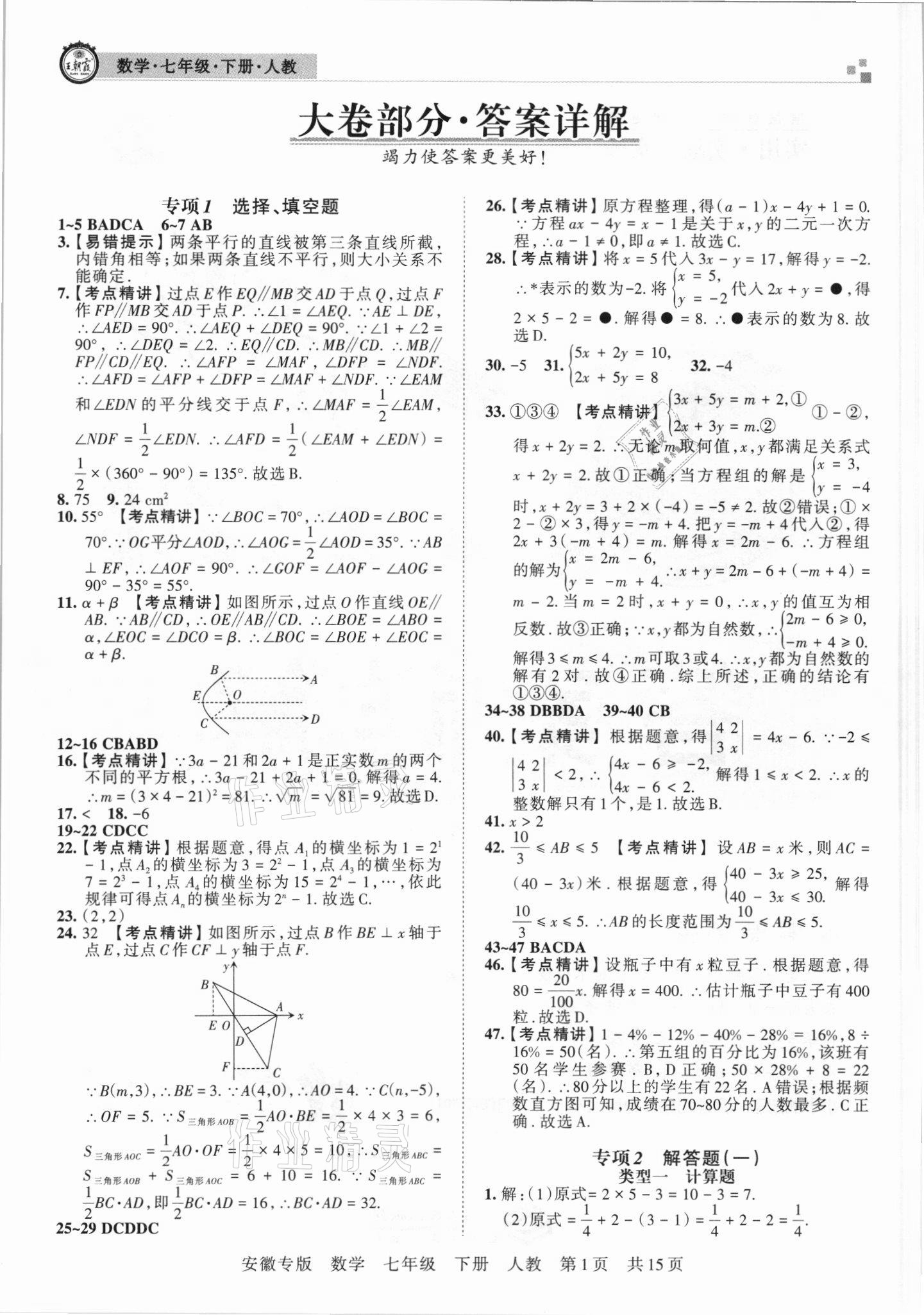 2021年王朝霞各地期末试卷精选七年级数学下册人教版安徽专版 参考答案第1页