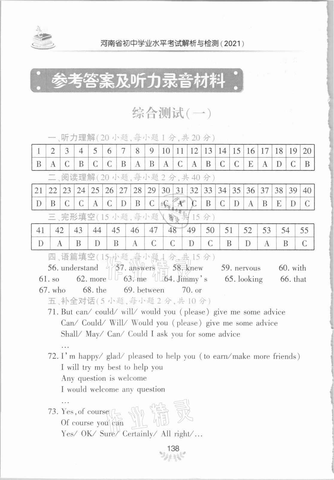 2021年河南省初中學(xué)業(yè)水平考試解析與檢測(cè)英語(yǔ)上冊(cè) 參考答案第1頁(yè)