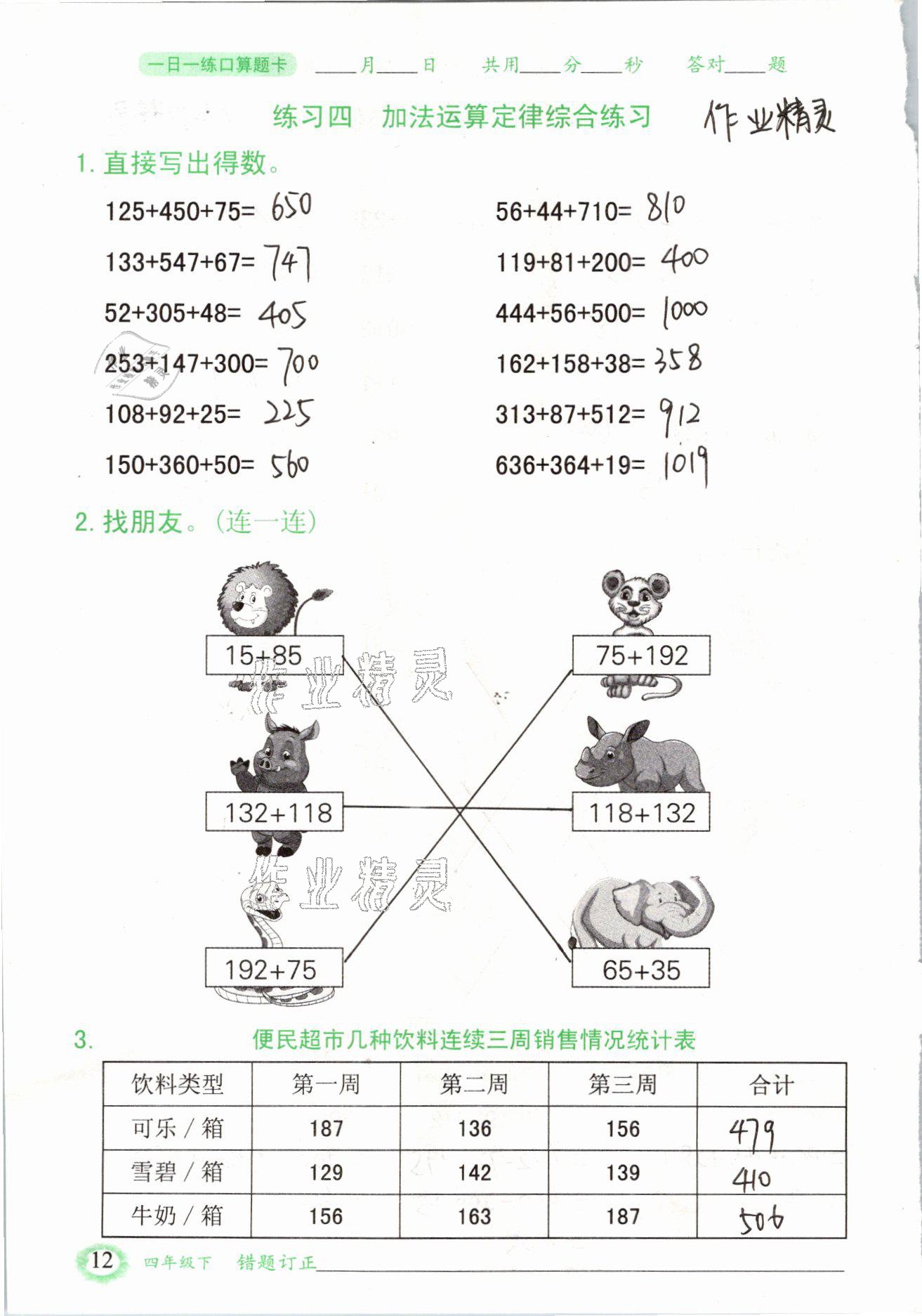 2021年口算题卡四年级数学下册人教版山东专版四川美术出版社 参考答案第12页