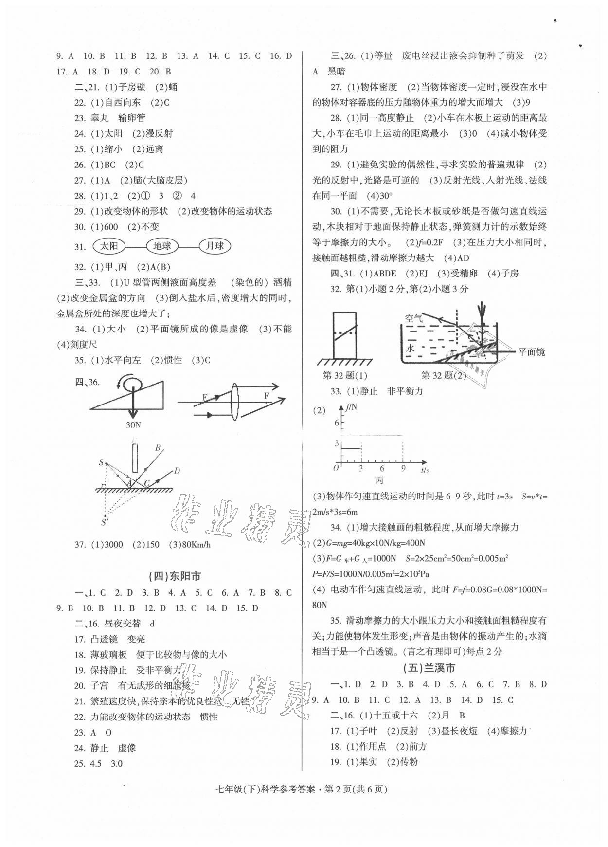 2021年浙江省各地期末試卷精編七年級科學(xué)浙教版 參考答案第2頁