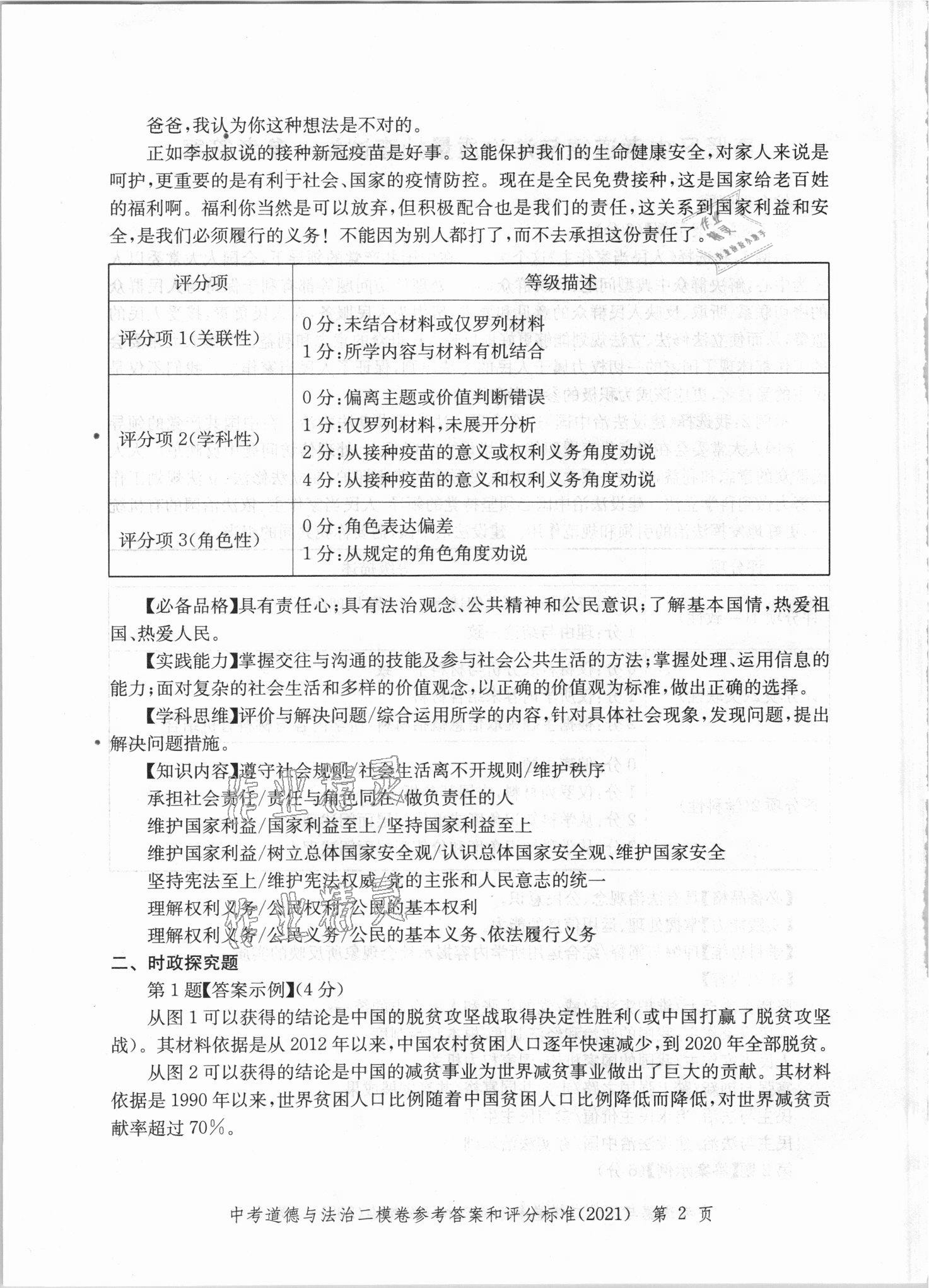 2021年走向成功上海市各区中考考前质量抽查试卷精编道德与法治 第2页