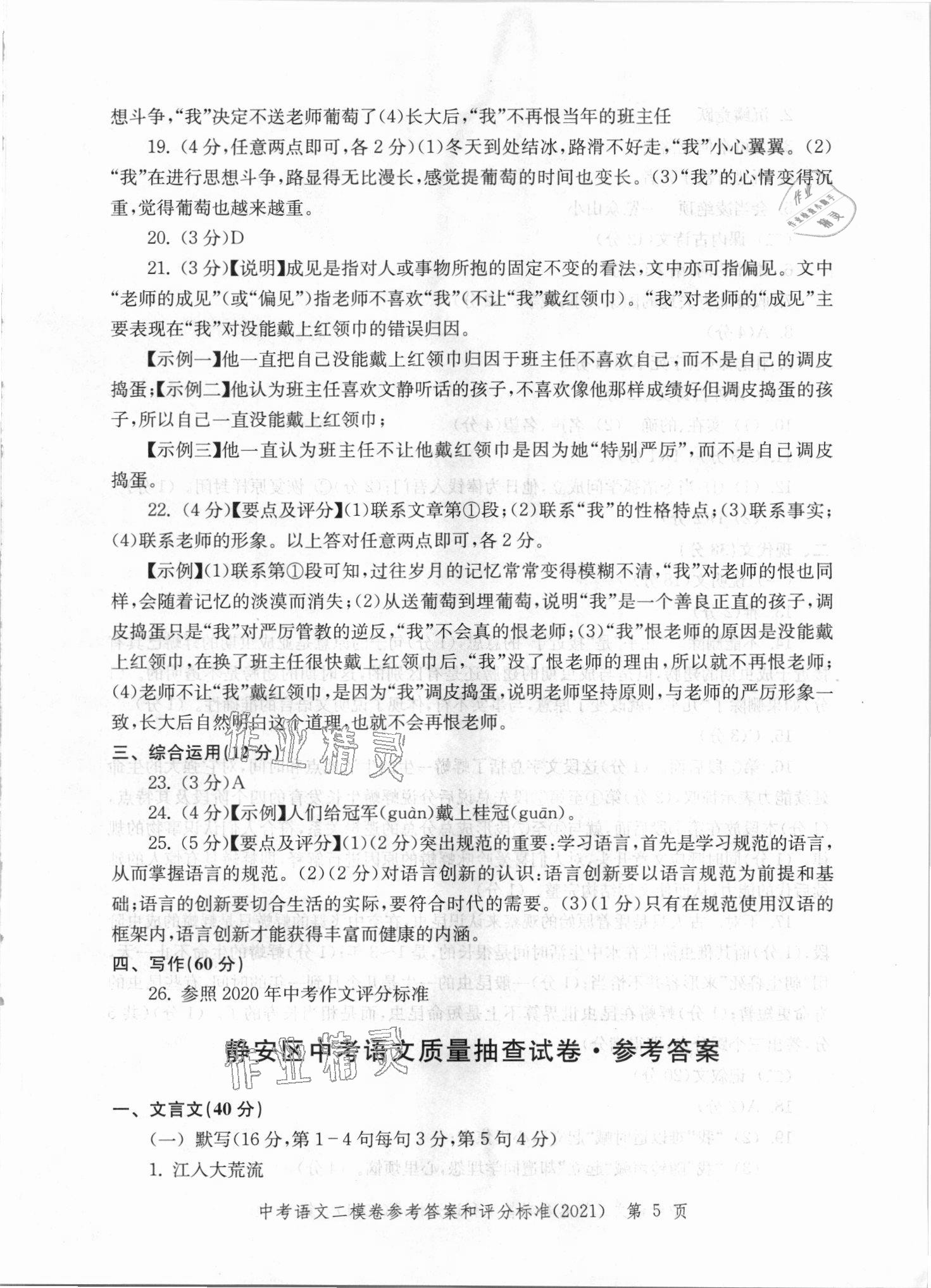 2021年走向成功上海市各区中考考前质量抽查试卷精编语文 第5页